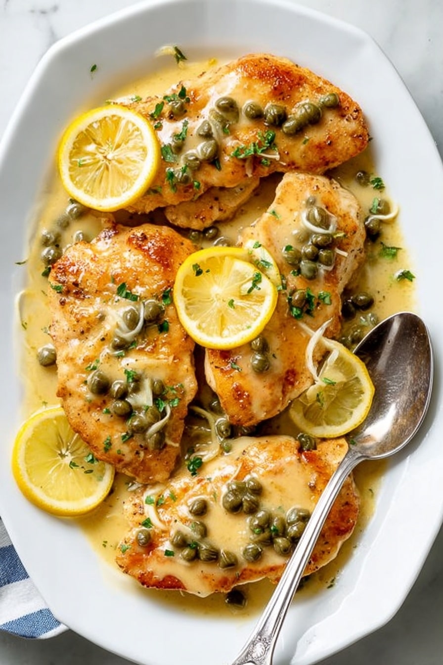 The image shows a white plate filled with five golden brown chicken pieces layered with a creamy light yellow sauce that has green capers scattered all over. Around the chicken, there are bright yellow lemon wedges placed evenly, adding pops of color. Thin slices of garlic and small green herbs are sprinkled on top, enhancing texture and detail. The sauce looks smooth and coats the chicken well, with some sauce pooling slightly on the plate's edges. A silver spoon is placed on the right side of the plate, partially under the chicken, and the whole setup sits on a white marbled surface. Photo taken with an iphone --ar 2:3 --v 7 - Easy Chicken Piccata in Lemon White Wine Sauce, chicken piccata recipe, lemon white wine chicken, approachable chicken dinner, quick elegant chicken dish