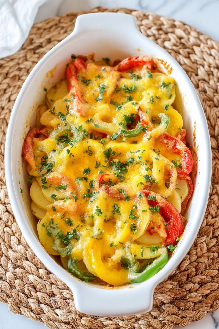 The image shows a white oval baking dish filled with a colorful vegetable casserole. The bottom layer has sliced yellow potatoes, topped with cut green, red, and yellow bell peppers, and onion rings. Over the vegetables, there is a melted yellow cheese layer that covers most of the top, with bits of green herbs sprinkled on it. The dish is placed on a woven placemat on a white marbled surface. Photo taken with an iphone --ar 2:3 --v 7 - Baked Chicken Fajitas, Easy Chicken Fajitas, Tex-Mex Chicken Bake, Healthy Chicken Fajitas, One-Pan Chicken Fajitas