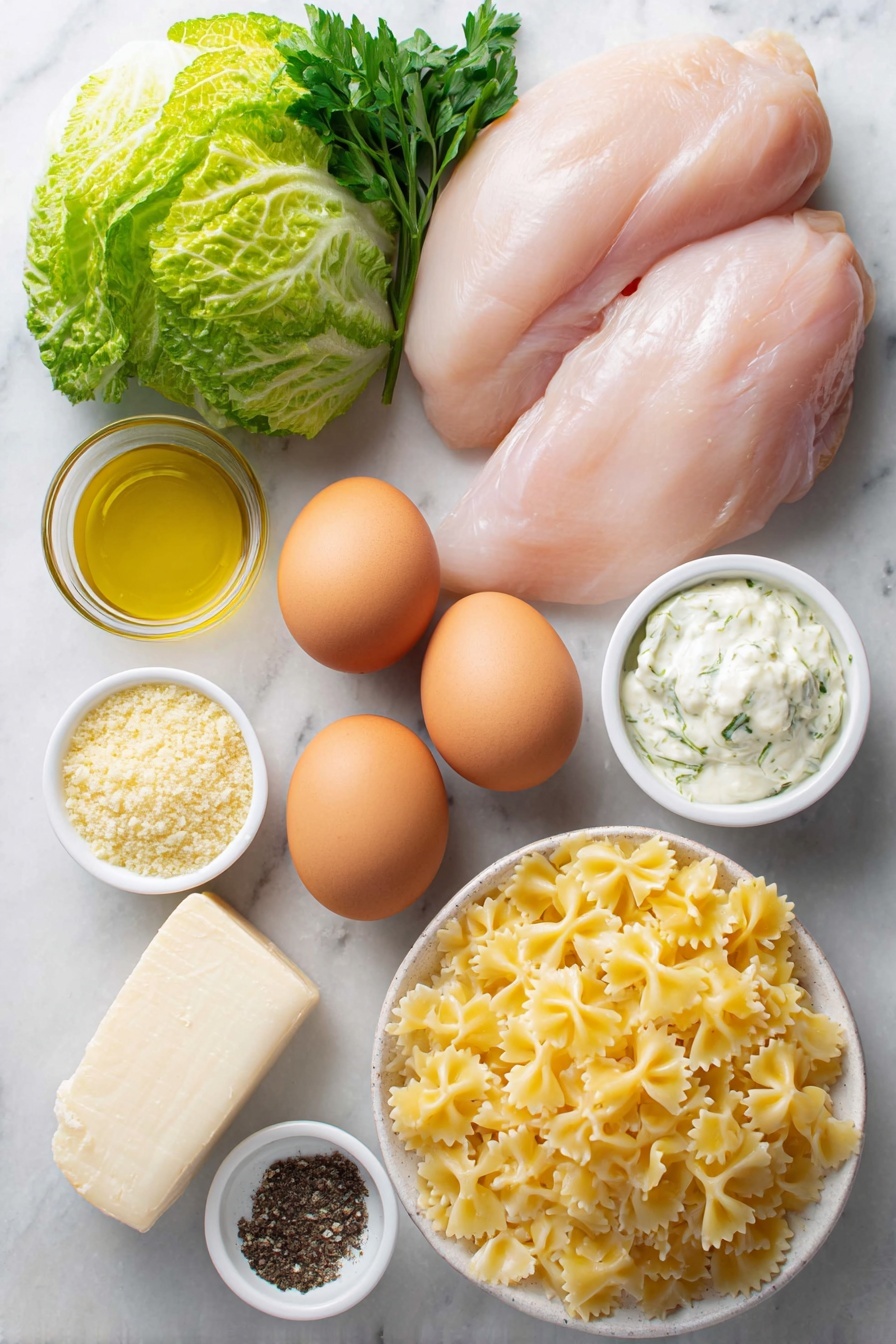 Flat lay of boneless skinless chicken breasts with smooth, pale pink surface, two whole brown eggs with clean shells, a few sprigs of fresh flat-leaf parsley, three Romaine lettuce hearts roughly chopped with vibrant green leaves, a small white ceramic bowl of golden olive oil, a small white ceramic bowl filled with creamy Caesar dressing, a small white ceramic bowl holding golden Panko breadcrumbs, two peeled garlic cloves whole and fresh, a mound of uncooked farfalle pasta with its distinctive bow-tie shape and pale yellow color, a chunk of Parmesan cheese with natural rind partially cut, a small white ceramic bowl of softened butter, a small white ceramic bowl with fine sea salt crystals, and a small white ceramic bowl containing freshly ground black peppercorns—all arranged in perfect symmetry on a clean white marble surface, soft natural light, photo taken with an iPhone, professional food photography style, fresh ingredients, white ceramic bowls, no bottles, no duplicates, no utensils, no packaging --ar 2:3 --v 7 --p m7354615311229779997 - Chicken Caesar Pasta Salad, easy pasta salad with grilled chicken, healthy Caesar salad with pasta, quick weeknight pasta salad, flavorful chicken pasta dish