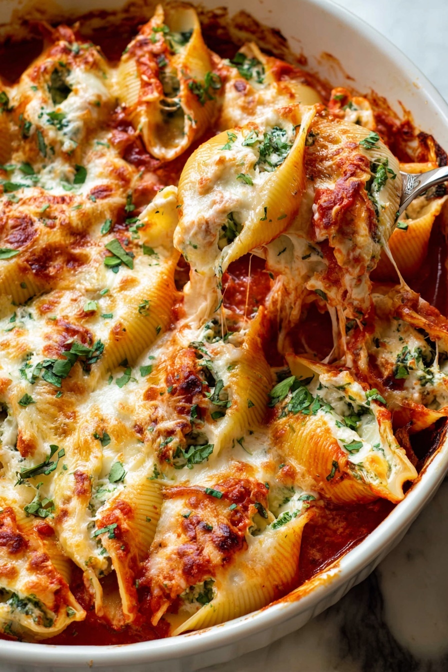 A white round baking dish filled with large pasta shells layered with bright red tomato sauce and creamy white cheese mixture; each shell is full and topped with melted white cheese that stretches slightly, with some toasted spots. Fresh green chopped herbs are scattered over the pasta, adding a pop of color. A spoon is lifting one shell, showing the cheese and green herb filling inside. The dish rests on a white marbled surface. photo taken with an iphone --ar 2:3 --v 7 - Chicken Spinach Artichoke Stuffed Shells, Stuffed Shells with Chicken and Spinach, Baked Chicken and Spinach Stuffed Shells, Healthy Chicken Pasta Bake, Easy Stuffed Shells Dinner