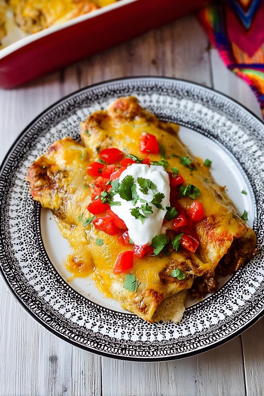 A white plate with a detailed black and white pattern on the rim holds two enchiladas, each covered with melted golden-yellow cheese that has slightly browned edges. On top, there are small, bright red tomato pieces scattered along with fresh green cilantro leaves. A dollop of white sour cream sits in the center of the enchiladas. The dish rests on a white marbled surface with a wooden texture and there is a hint of a baking dish in the background. photo taken with an iphone --ar 2:3 --v 7 - Easy Chicken Enchiladas with Cheese, chicken enchiladas, cheesy enchilada recipe, simple chicken enchiladas, quick enchilada dinner