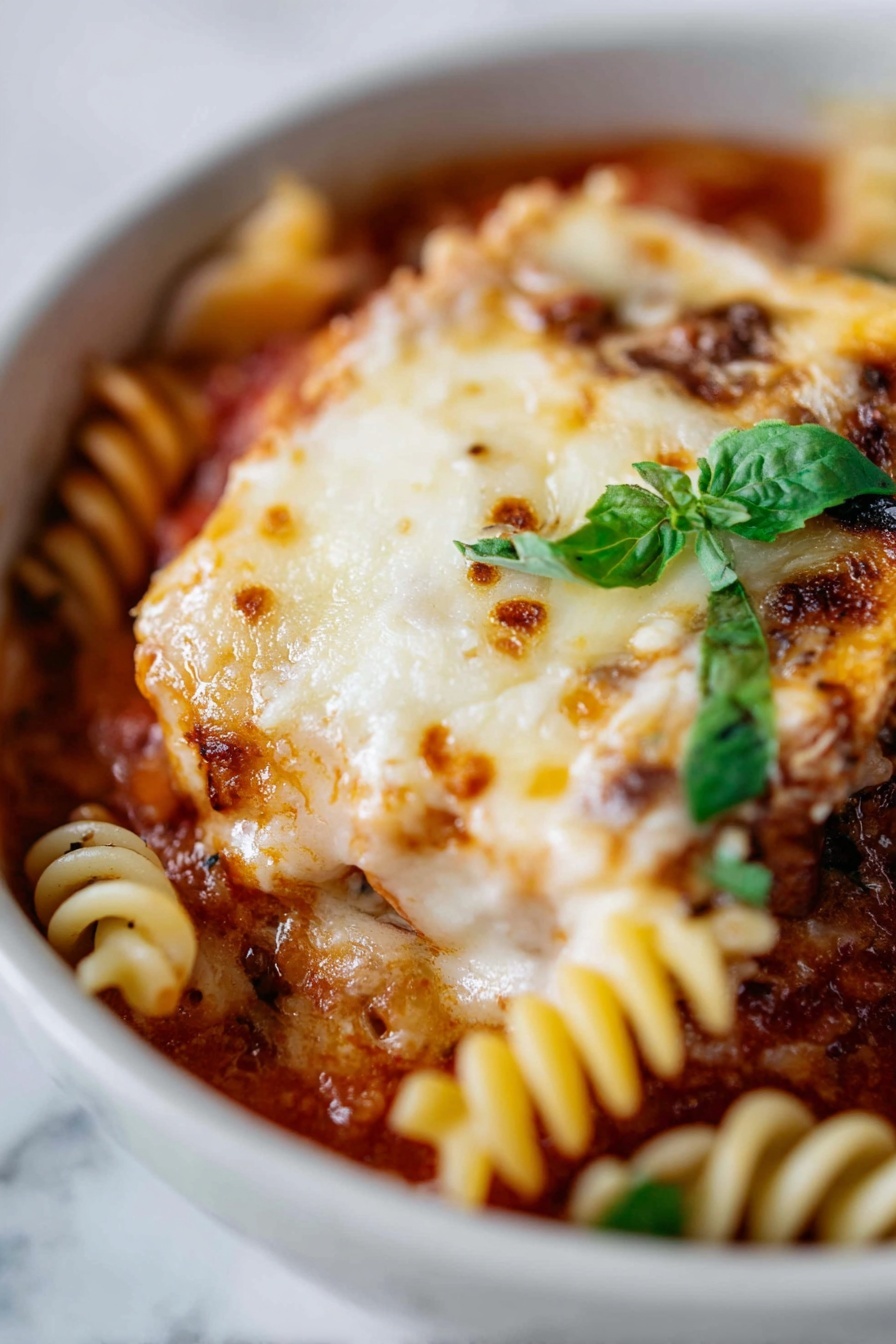 The dish shows a close-up of a layered pasta meal in a white bowl on a white marbled surface. The top layer is a thick square of melted cheese, golden and bubbly with light brown spots. Underneath the cheese, there's a crispy toasted layer with a light golden color. Surrounding this is a rich red tomato sauce with visible bits of herbs and spices. Scattered around are spiral pasta pieces, pale yellow with a slightly soft texture. Bright green fresh basil leaves add a pop of color near the center. The overall look is warm, cheesy, and richly textured. Photo taken with an iphone --ar 2:3 --v 7 - Chicken Parmesan Soup, Chicken Parmesan Soup with Mozzarella Croutons, comforting chicken soup recipes, cheesy chicken soup, easy Italian-inspired soups