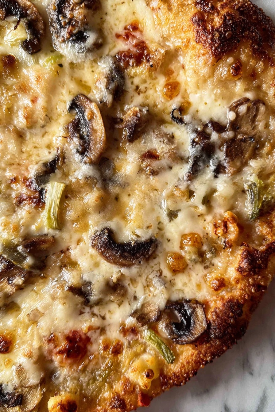 A close-up view of a pizza showing one visible layer with melted cheese covering the surface in creamy white and light golden shades, dotted with browned spots. There are slices of browned mushrooms scattered unevenly across the pizza, adding dark brown and black shapes. Small pieces of slightly green and white vegetables are distributed between the mushrooms and cheese, with some reddish tomato bits peeking through. The edges show a browned crust with some darker burnt spots. The pizza is on a white marbled surface. photo taken with an iphone --ar 2:3 --v 7 - Healthy Chicken Zucchini Bake, healthy chicken casserole, zucchini chicken bake, nutritious baked chicken dish, easy healthy dinner