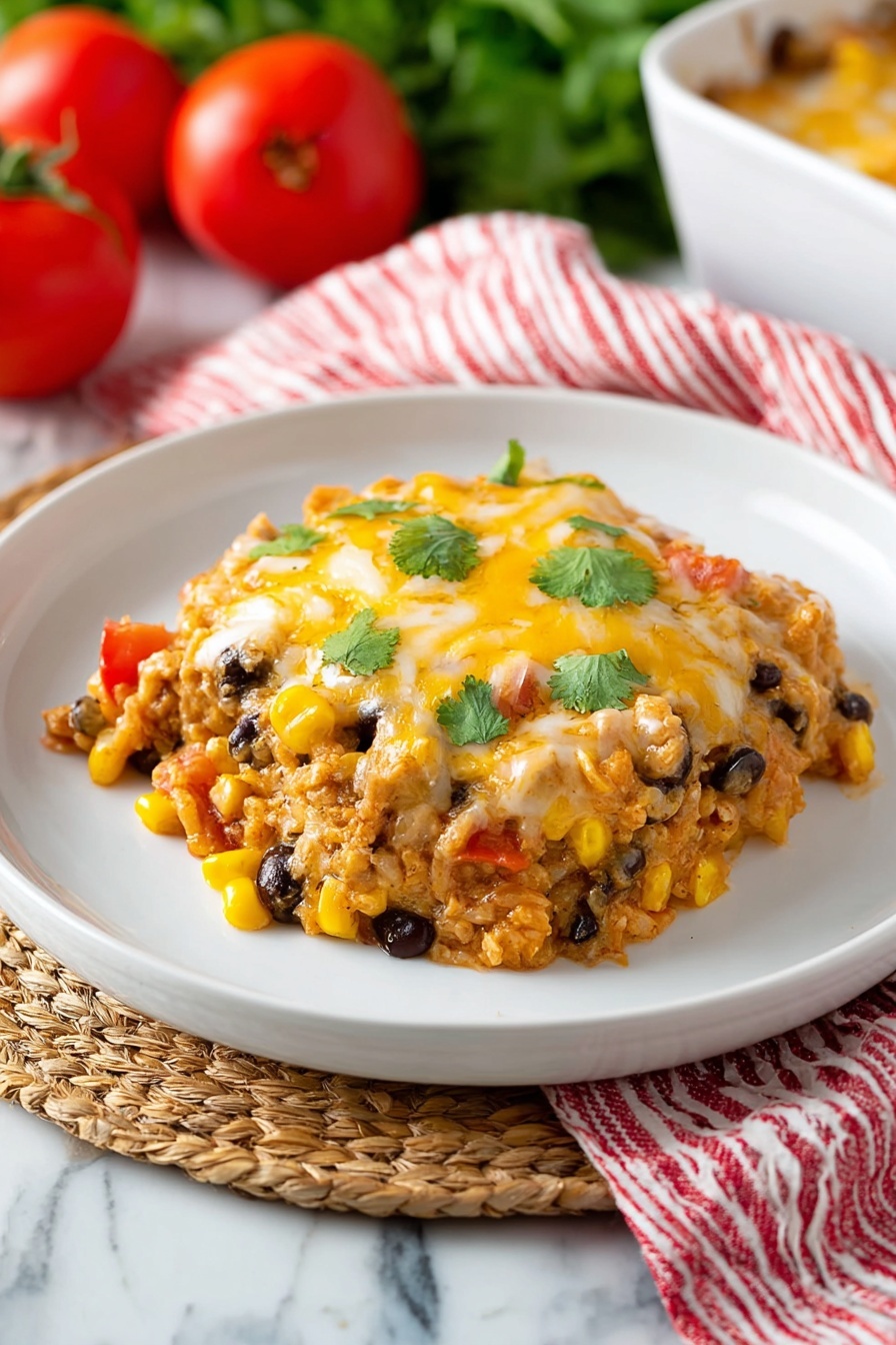 The dish is a single-layer serving of a cheesy casserole on a white plate. The base is a mix of orange-brown cooked chicken and black beans, with yellow corn and red tomato pieces scattered throughout. On top, there is a melting layer of golden-yellow and white cheese, slightly browned in spots, with small green cilantro leaves sprinkled on the surface. The plate rests on a woven mat, with a red-and-white striped cloth nearby. In the background, there are whole red tomatoes and some greens on a white marbled surface. Photo taken with an iphone --ar 2:3 --v 7 - Quick Chicken Taco Casserole, chicken taco casserole, easy taco casserole, cheesy chicken casserole, quick dinner recipes