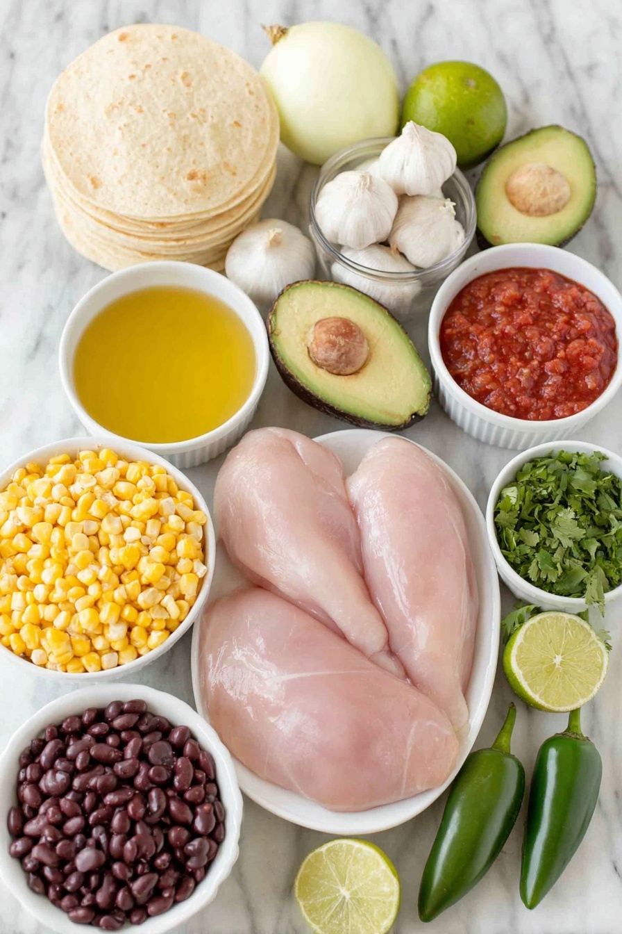 Flat lay of a small white ceramic bowl of light olive oil, a large yellow onion halved showing its fresh layers, four whole garlic cloves with clean skins, two green jalapeno peppers whole and uncut, a small white bowl of golden chicken broth, a small white bowl filled with bright red crushed tomatoes, two medium raw chicken breasts with smooth skin, a small white bowl of fresh yellow corn kernels, a small white bowl of shiny black beans, a small white bowl of ground chili powder, a small white bowl of ground cumin, a small white bowl of coarse salt crystals, a small pile of bright green chopped cilantro leaves, a whole lime cut in half showing juicy interior alongside a small white bowl with fresh lime juice, a neat stack of fresh yellow corn tortillas, a ripe avocado halved displaying green flesh and pit, and a whole lime cut into wedges arranged in perfect symmetry, placed on a clean white marble surface, soft natural light, photo taken with an iPhone, professional food photography style, fresh ingredients, white ceramic bowls, no bottles, no duplicates, no utensils, no packaging --ar 2:3 --v 7 --p m7354615311229779997 - Chicken Tortilla Soup, flavorful chicken tortilla soup, easy tortilla soup recipe, spicy chicken soup, homemade tortilla strips