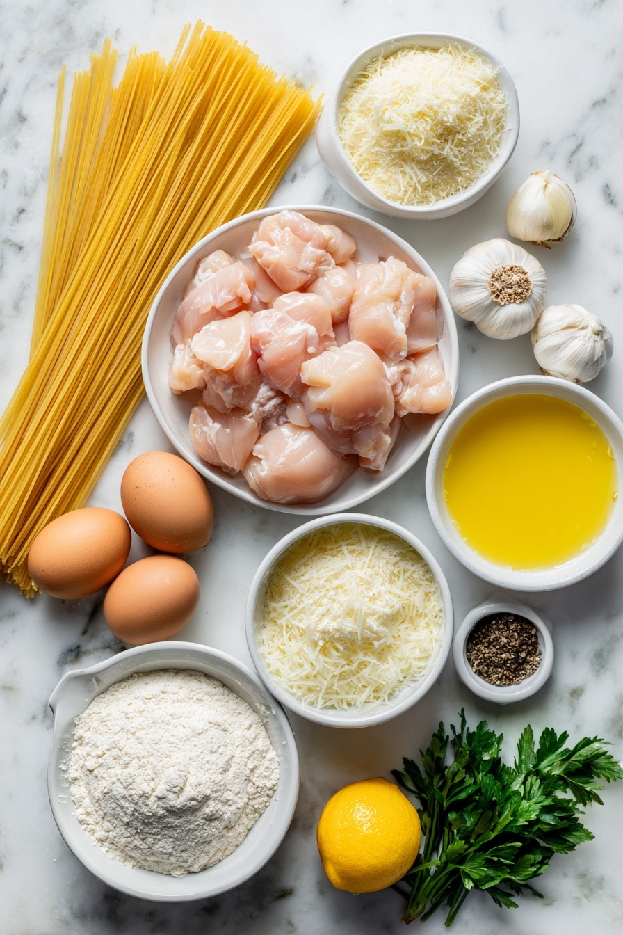 Flat lay of a small pile of uncooked linguine pasta strands, three plump raw chicken breasts cut into bite-size pieces, a small bowl of fine cornflour, a few whole uncracked brown eggs, a small peeled yellow onion finely chopped, three whole garlic cloves peeled, a small white bowl with golden cooking oil, a small white bowl filled with rich heavy cream, a small white bowl of bright yellow lemon juice, a small white bowl with strong chicken stock, a small mound of finely grated parmesan cheese, a small bunch of fresh green parsley sprigs, a small white bowl of coarse black pepper, and a small pile of salt crystals, all arranged in perfect symmetry on a clean white ceramic surface, placed on a clean white marble surface, soft natural light, photo taken with an iPhone, professional food photography style, fresh ingredients, white ceramic bowls, no bottles, no duplicates, no utensils, no packaging --ar 2:3 --v 7 --p m7354615311229779997 - Garlic Parmesan Chicken Pasta, creamy garlic pasta, easy chicken pasta, quick dinner recipe, cheesy chicken pasta