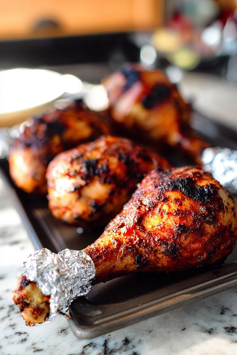 A single roasted chicken leg is shown held by a woman's hand, wrapped in aluminum foil at the bottom to provide a grip. The chicken skin is cooked to a golden brown with darkened, crispy spice rub visible all over its surface. The background is softly blurred wood tones, making the chicken leg the clear focus. The photo is detailed, showing the texture of the cooked skin and spices. photo taken with an iphone --ar 2:3 --v 7 - Juicy Roasted Turkey Legs, roasted turkey leg recipe, flavorful turkey legs, hearty turkey dinner, easy turkey leg recipe