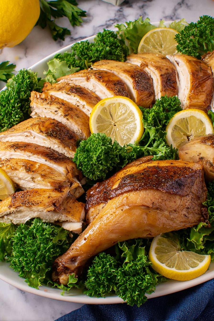 A whole roasted turkey with a golden-brown crispy skin sits in the center of a large white oval plate. It is surrounded by a thick layer of bright green curly kale leaves forming a ring around the bird. Inside the kale, evenly spaced light yellow lemon slices with visible seeds and a few sprigs of fresh herbs rest, adding contrast. The plate is placed on a white marbled surface with a gold fork and spoon nearby on the right side and a navy blue cloth on the left. The overall scene looks warm and inviting, photo taken with an iphone --ar 2:3 --v 7 - Lemon Herb Roasted Turkey, Lemon Herb Turkey, Herb Roasted Turkey, Juicy Lemon Turkey, Elegant Holiday Turkey