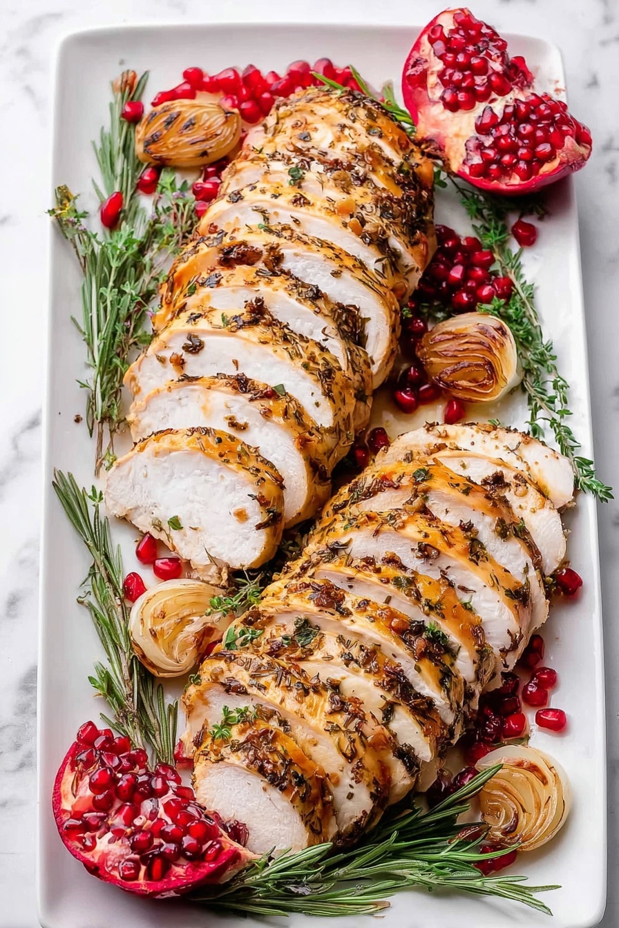 The dish shows two rows of sliced cooked chicken, each slice pale inside with a golden-brown crust speckled with herbs, arranged side by side on a white rectangular plate. Around the chicken are scattered ruby red pomegranate seeds and fresh green rosemary sprigs, adding color contrast. There are three quartered pomegranate sections placed on the plate's edges and two halved roasted garlic bulbs with soft golden cloves visible. The plate rests on a white marbled surface. photo taken with an iphone --ar 2:3 --v 7 - Maple Glazed Turkey Breast Roast, Turkey breast roast recipe, maple glazed poultry, holiday turkey recipes, easy turkey roast dinner