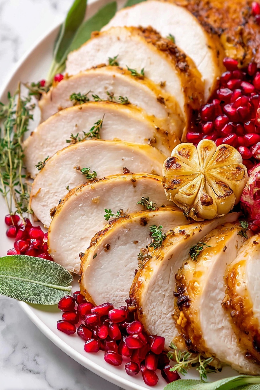 This image shows a white plate holding several slices of roasted turkey arranged in a slight curve, each slice showing a golden-brown edge and tender white inside, garnished with small green herb leaves scattered on top. At the center, a half head of roasted garlic with light golden cloves is placed upright, adding texture and warmth. Around the turkey slices and garlic are bright red pomegranate seeds and bigger clusters, adding bright spots of color, with light green leaves beneath the turkey giving a fresh contrast. The background is a white marbled texture. photo taken with an iphone --ar 2:3 --v 7 - Maple Glazed Turkey Breast Roast, Turkey breast roast recipe, maple glazed poultry, holiday turkey recipes, easy turkey roast dinner
