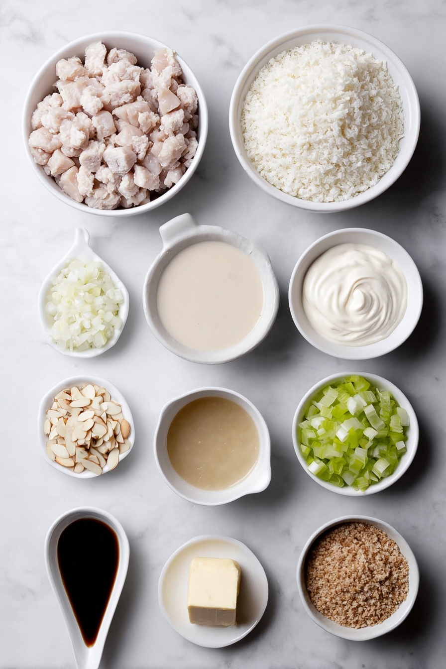 Flat lay of cooked diced turkey pieces, cooked white rice grains in a small white ceramic bowl, a small white bowl of creamy condensed mushroom soup, a small white bowl filled with clear chicken broth, a small white bowl with smooth, pale mayonnaise, a small white bowl holding thick, white sour cream, a small pile of finely diced small onion, a small pile of finely diced celery stalks, a heap of slivered almonds, a small white bowl containing coarse crushed Ritz cracker crumbs, and a small white bowl with melted golden butter, all ingredients fresh and natural, arranged symmetrically in perfect proportions in simple white ceramic bowls, placed on a clean white marble surface, soft natural light, photo taken with an iPhone, professional food photography style, fresh ingredients, white ceramic bowls, no bottles, no duplicates, no utensils, no packaging --ar 2:3 --v 7 --p m7354615311229779997 - Leftover Turkey Rice Casserole, leftover turkey recipes, easy comfort food, holiday leftovers casserole, cheesy turkey rice bake