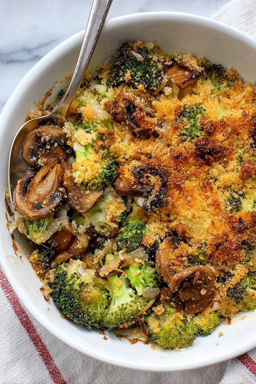A white oval dish filled with a baked broccoli and mushroom casserole, showing about three layers: the bottom layer is steamed broccoli with bright green stalks and dark green tops, the middle layer has cooked brown mushrooms with a soft texture, and the top layer is a golden-brown crispy breadcrumb topping that covers the vegetables unevenly. A silver spoon rests inside the dish, partially scooping up some broccoli and mushroom pieces. The dish sits on a round wooden board, and the background is a white marbled surface. Photo taken with an iphone --ar 2:3 --v 7 - Healthy Broccoli Mushroom Casserole, nutritious vegetable casserole, easy healthy casserole, low-fat mushroom broccoli bake, wholesome veggie casserole