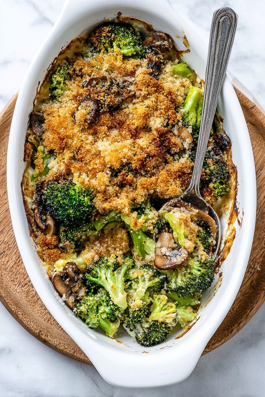 The image shows a white bowl filled with a baked broccoli and mushroom casserole. The dish has a crispy, golden brown breadcrumb topping scattered unevenly across the surface. Underneath the topping are green broccoli florets mixed with browned mushrooms and soft cooked onions, creating a mix of green and brown colors. A metal spoon rests inside the bowl with roasted mushroom slices and broccoli on it. The bowl is set on a white marbled surface with a white cloth with red stripes partially visible underneath. photo taken with an iphone --ar 2:3 --v 7 - Healthy Broccoli Mushroom Casserole, nutritious vegetable casserole, easy healthy casserole, low-fat mushroom broccoli bake, wholesome veggie casserole