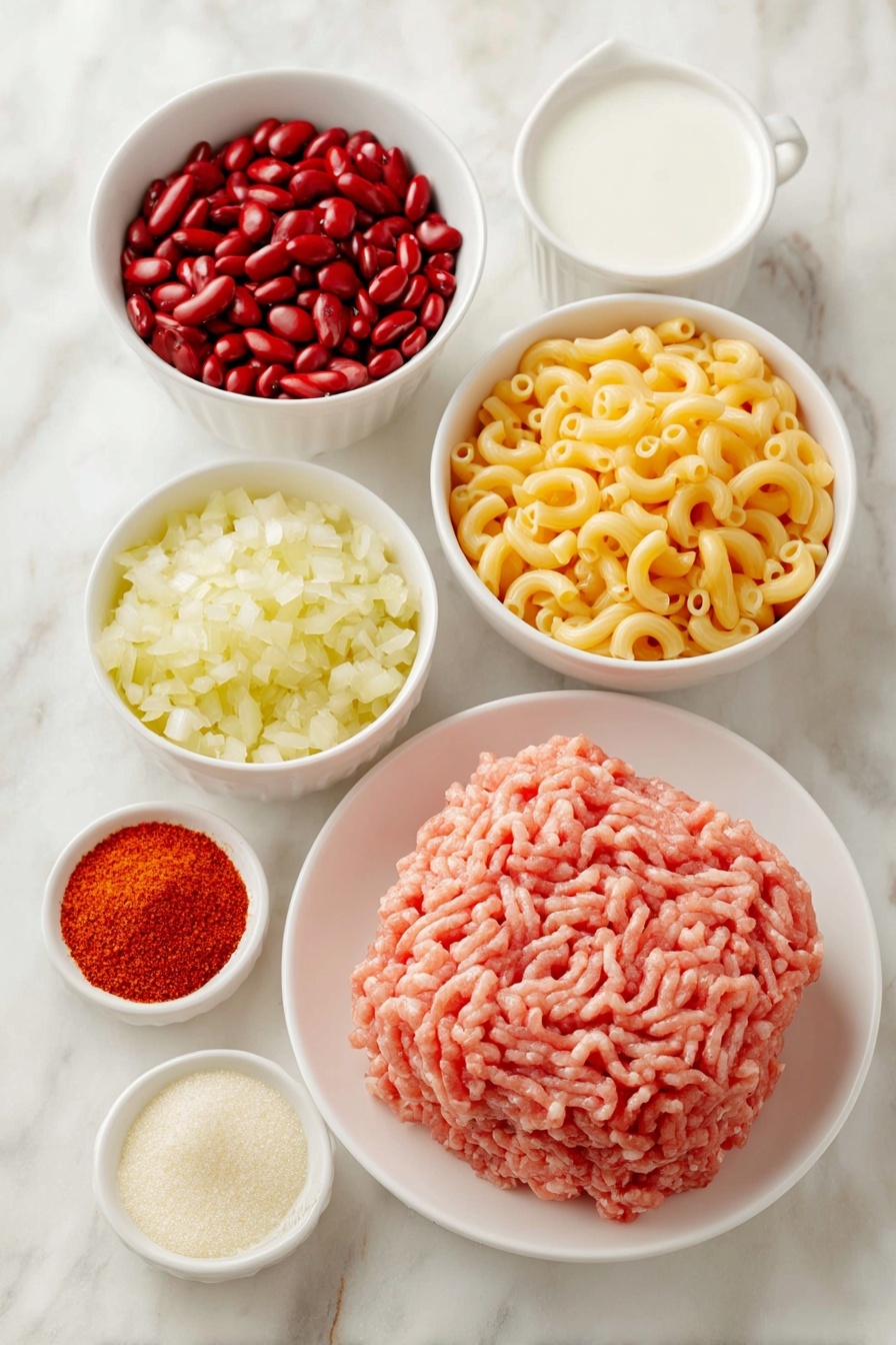Flat lay of fresh raw ground turkey shaped into a neat mound, a medium yellow onion finely diced in a small white ceramic bowl, a small white bowl filled with bright red kidney beans, a small white bowl of vibrant red tomato sauce, a small white bowl containing golden whole grain elbow macaroni, a small white bowl with smooth white milk, a small white bowl holding shredded sharp cheddar cheese in vivid orange-yellow hues, a small white bowl of chili powder in rich deep red, a small white bowl of minced fresh garlic with a pale creamy color, all ingredients arranged symmetrically with perfect balance and fresh natural textures, placed on a clean white marble surface, soft natural light, photo taken with an iPhone, professional food photography style, fresh ingredients, white ceramic bowls, no bottles, no duplicates, no utensils, no packaging --ar 2:3 --v 7 --p m7354615311229779997 - Turkey Chili Mac and Cheese, hearty turkey pasta casserole, spicy comfort food, one-pot turkey chili mac, easy weeknight dinner