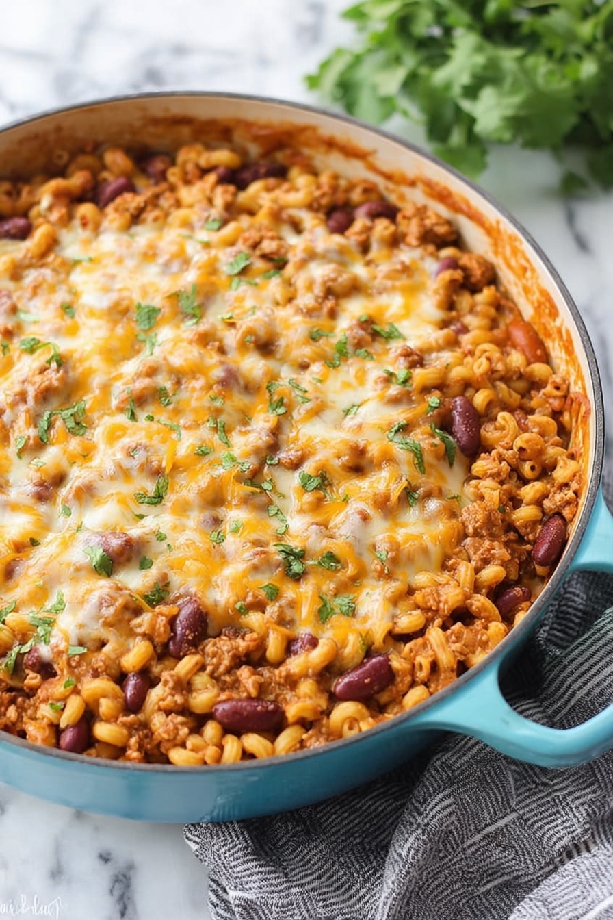 A large white pot filled with cooked elbow macaroni mixed with kidney beans and ground meat in a reddish-orange sauce. The top layer has melted cheese scattered unevenly with some small green herb pieces on it. A wooden spoon with a white and gray handle is partially submerged in the food on the right side. The pot is placed on a white marbled surface, and a bunch of fresh green parsley is partially shown in the top left corner. Photo taken with an iphone --ar 2:3 --v 7 - Turkey Chili Mac and Cheese, hearty turkey pasta casserole, spicy comfort food, one-pot turkey chili mac, easy weeknight dinner