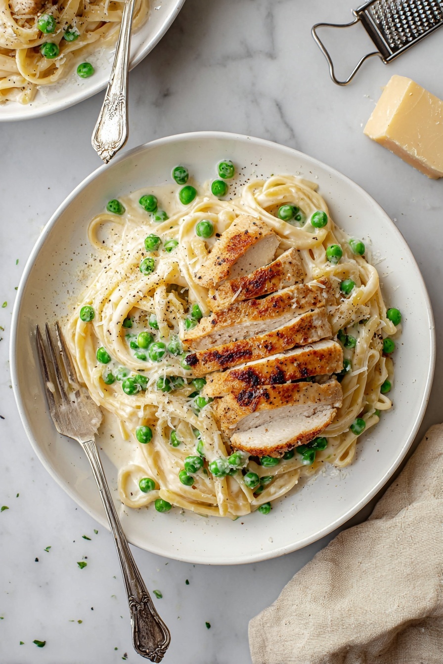 A white plate holds a serving of creamy fettuccine pasta mixed with bright green peas. On top, two thick, cooked pieces of golden brown chicken sit side by side, sprinkled lightly with grated cheese. The pasta is coated in a smooth, light cream sauce with some black pepper visible. A silver fork and spoon rest on the left side of the plate. The background is a white marbled surface and in the upper right corner, there is a cheese grater with some grated cheese on it, along with a larger piece of cheese. A second white plate with the same dish is partly visible in the background. photo taken with an iphone --ar 2:3 --v 7 - Turkey Alfredo Pasta, creamy turkey pasta, leftover turkey recipes, quick weeknight pasta, comforting turkey pasta