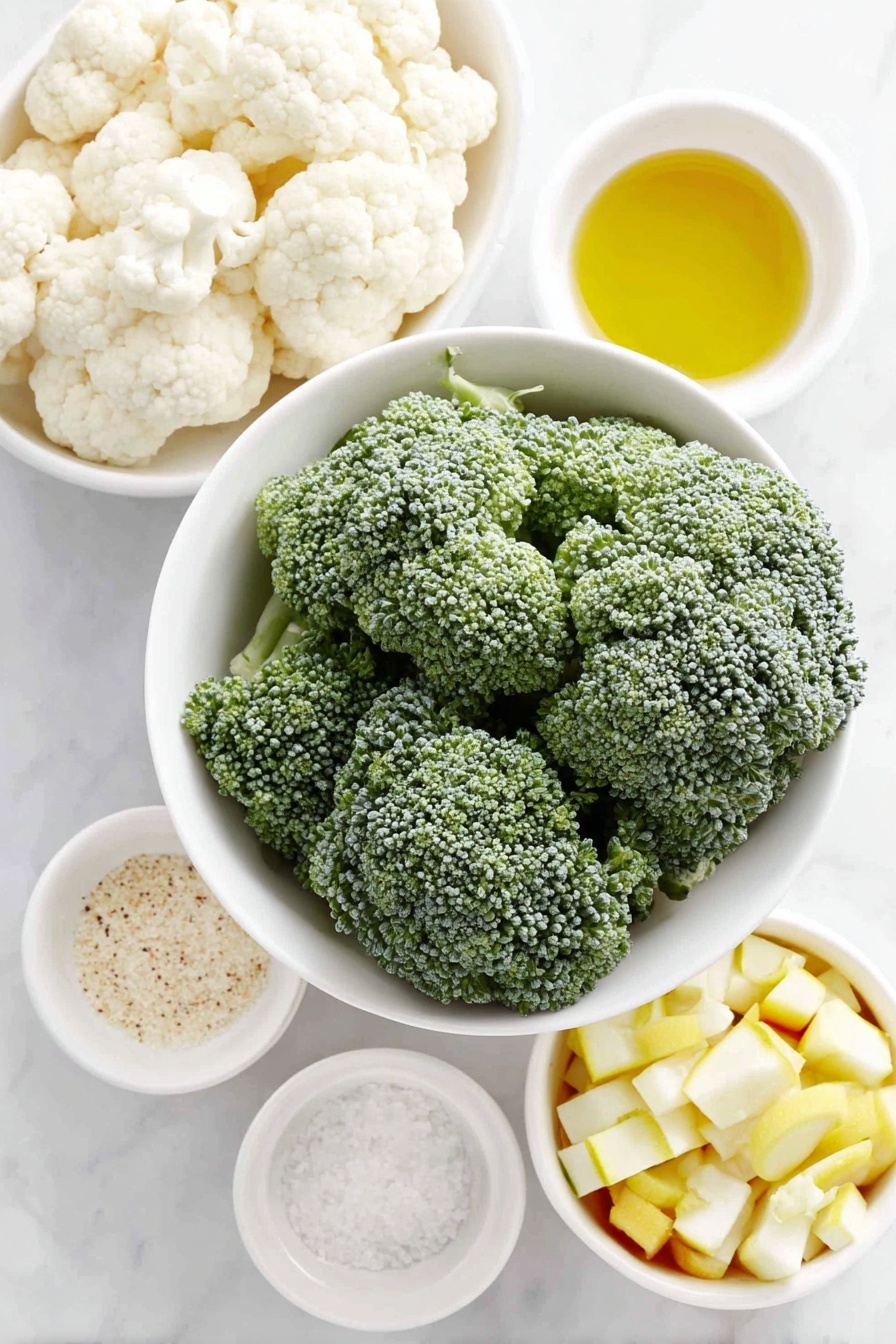 Flat lay of fresh green broccoli florets, white cauliflower florets, bright orange carrot coins, yellow and green chopped summer squash pieces, a small white ceramic bowl with golden olive oil, a small white ceramic bowl of mixed seasoning powder, and a small white ceramic bowl containing fine salt crystals, all arranged in perfect symmetry on a clean white marble surface, soft natural light, photo taken with an iPhone, professional food photography style, fresh ingredients, white ceramic bowls, no bottles, no duplicates, no utensils, no packaging --ar 2:3 --v 7 --p m7354615311229779997 - Roasted Vegetable Medley, healthy roasted vegetables, easy veggie side dish, colorful roasted vegetables, nutritious vegetable medley