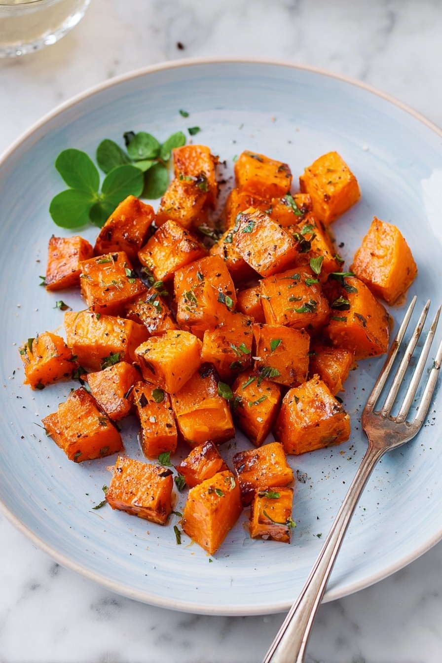 The dish shows a white plate with a light blue rim, filled with about 25 small cubed pieces of roasted orange sweet potatoes. The cubes are shiny, with a slightly caramelized, crispy outside and rough, textured surface. They are sprinkled with small green herb bits and black pepper. There is a small bunch of bright green flat leaves placed near the center on top. A silver fork is placed on the right side of the plate, and the background is a white marbled surface. photo taken with an iphone --ar 2:3 --v 7 - Maple Roasted Sweet Potatoes, roasted sweet potato side dish, sweet potato recipe with maple syrup, fall holiday sweet potatoes, easy roasted sweet potatoes