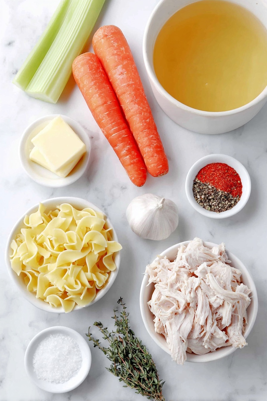 Flat lay of a small pat of butter, two fresh celery ribs with leaves, three large bright orange carrots, a single garlic clove, a white ceramic bowl filled with golden chicken stock, a small white bowl of coarse sea salt, a small white bowl of freshly ground black pepper, a small white bowl containing dried rosemary sprigs, another small white bowl with dried thyme leaves, a small white bowl with crushed red pepper flakes, a neat pile of homemade egg noodles, a small mound of shredded rotisserie chicken breast, and a small white bowl of chicken bouillon granules placed on a clean white marble surface, soft natural light, photo taken with an iPhone, professional food photography style, fresh ingredients, white ceramic bowls, no bottles, no duplicates, no utensils, no packaging --ar 2:3 --v 7 --p m7354615311229779997 - Homemade Chicken Noodle Soup, comforting chicken soup recipe, easy homemade chicken noodle soup, healthy chicken noodle soup, quick chicken noodle soup