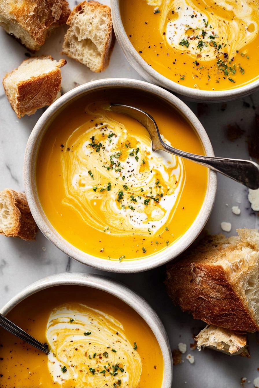 A light orange creamy soup is served in a white pot with a handle visible at the top and bottom. A metal ladle with a wooden handle is scooping some soup from the pot. There are swirls of white cream on the surface of the soup, mixed with green herbs sprinkled mostly near the middle and on one side. There is also a light dusting of orange spices scattered over the cream and around the soup. The background features a white marbled texture. Photo taken with an iphone --ar 2:3 --v 7 - Creamy Root Vegetable Soup, root vegetable soup, vegetarian creamy soup, easy healthy soup, comforting vegetable soup
