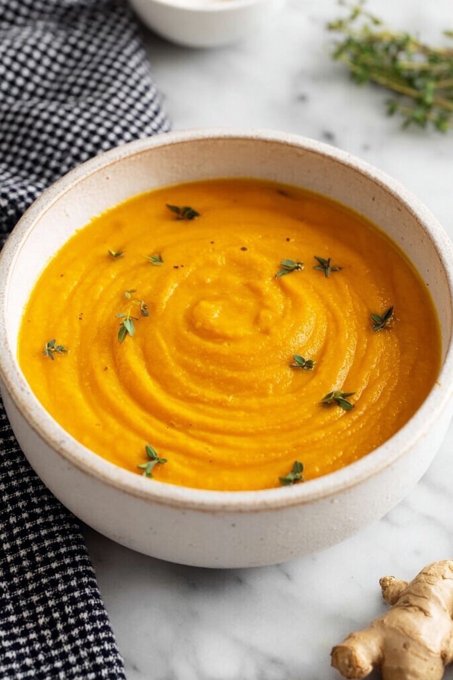 The image shows a round, silver pot filled with smooth orange soup, with a shiny metal ladle resting inside the pot and holding a small amount of the soup. Tiny green herb leaves float on top of the soup. The pot is placed on a white marbled surface with a black and white checkered cloth folded under its handle. Around the pot, there are fresh light brown ginger roots, a white bowl of coarse salt, a small bunch of green herbs, and an empty white bowl with a silver spoon. The overall look is clean and fresh. photo taken with an iphone --ar 2:3 --v 7 - Creamy Carrot Ginger Soup, healthy carrot ginger soup, easy vegan carrot soup, comforting ginger carrot blend, nutritious roasted carrot soup