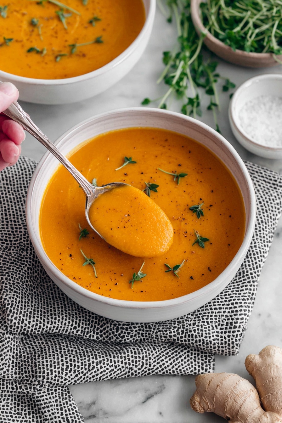 A white bowl is filled with smooth bright orange soup, with small green herb leaves scattered on top. A woman's hand holds a silver spoon that scoops up a thick spoonful of the soup from the bowl. Another white bowl of soup is blurred in the background near fresh green herbs and a small white dish of coarse salt. Fresh light brown ginger pieces are near the bowl at the bottom right. The bowl sits on a white marbled surface with a black and white cloth napkin nearby. Photo taken with an iphone --ar 2:3 --v 7 - Creamy Carrot Ginger Soup, healthy carrot ginger soup, easy vegan carrot soup, comforting ginger carrot blend, nutritious roasted carrot soup