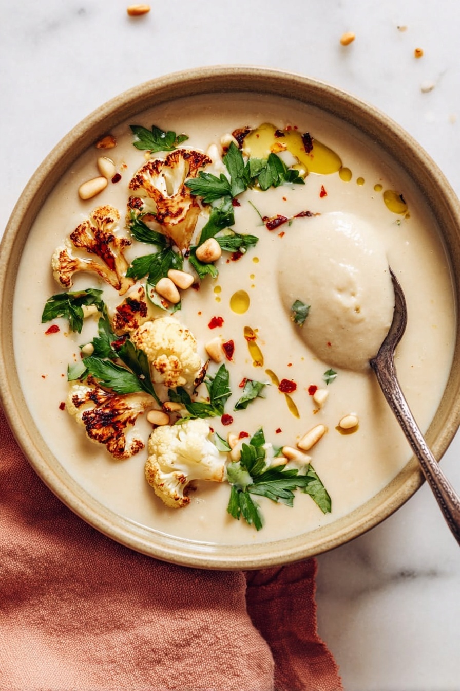 A bowl filled with creamy light beige soup that looks smooth and thick, topped with three browned roasted cauliflower pieces scattered on one side. Bright green flat parsley leaves and light tan pine nuts are spread on top, adding color and texture. Small red chili flakes are sprinkled lightly around, and drops of golden oil create a glossy finish on the surface. A spoon dips into the soup, lifting a creamy scoop, and the bowl rests on a soft peach-colored cloth on a white marbled surface. Photo taken with an iphone --ar 2:3 --v 7 - Creamy Roasted Cauliflower Soup, roasted cauliflower soup, healthy cauliflower soup, easy cauliflower soup recipe, velvety cauliflower soup