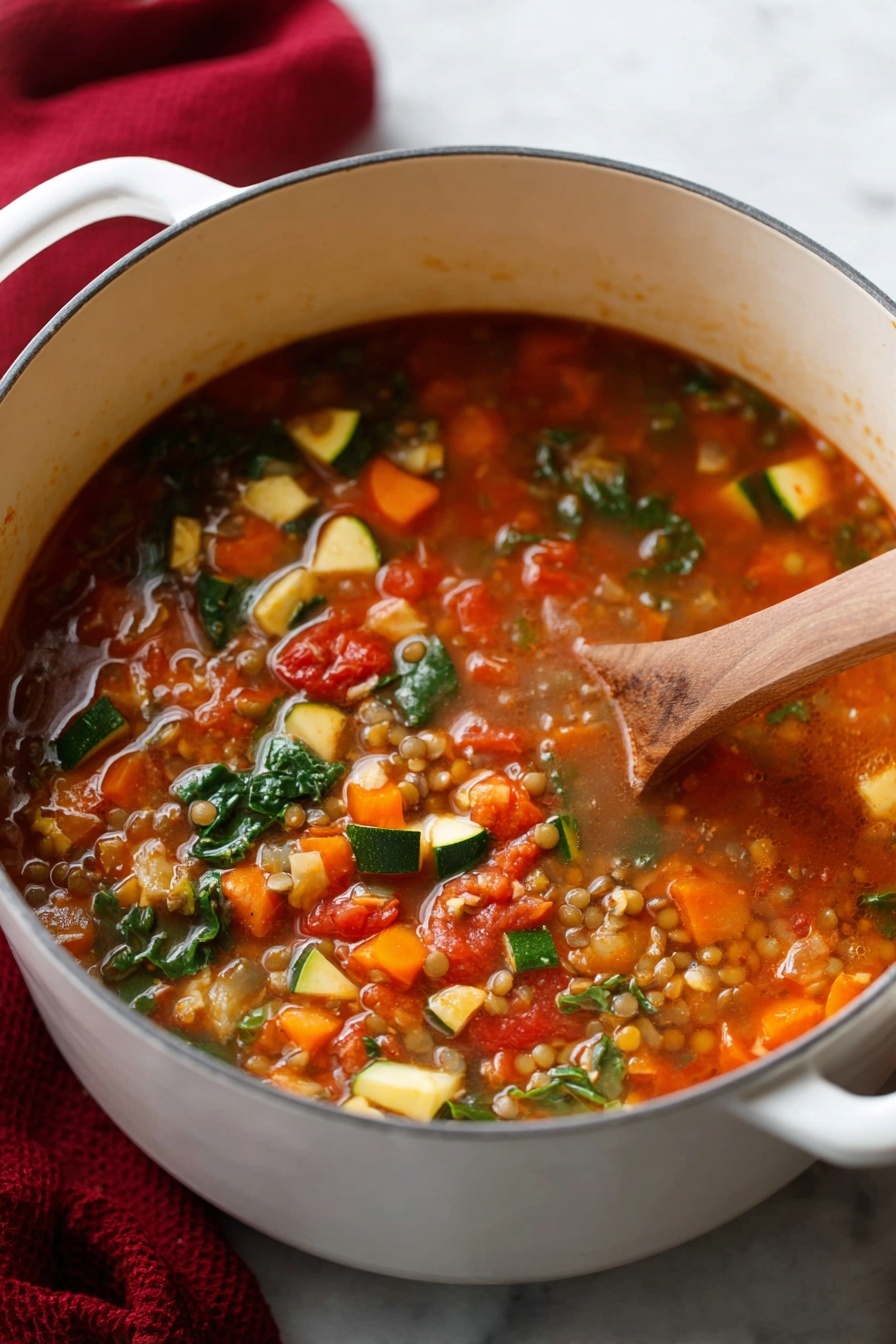 A white pot filled with a colorful soup made of several layers: a reddish-orange broth base mixed with many small vegetable pieces including orange carrots, green leafy kale, and chunks of light green zucchini, along with soft red tomatoes and small round lentils. A wooden spoon is partly submerged in the soup, stirring the mixture. The pot is placed on a white marbled surface with a blurred red cloth in the background. photo taken with an iphone --ar 2:3 --v 7 - Italian Lentil Vegetable Soup, healthy lentil soup, hearty vegetable soup, Italian soup recipes, vegan lentil soup