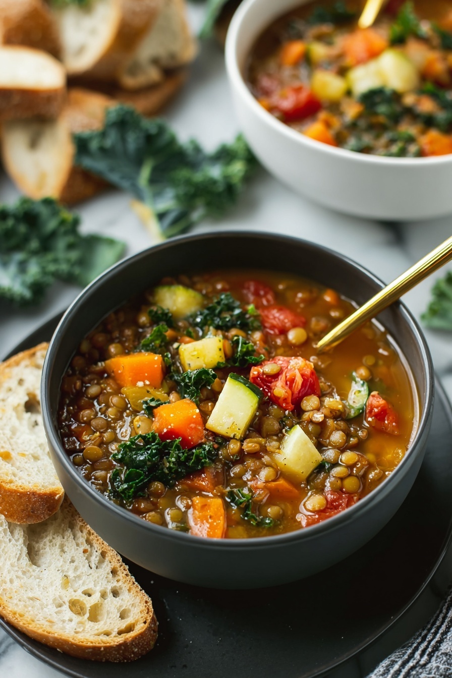 The image shows a dark gray bowl filled with vegetable soup on a matching dark gray plate, sitting on a white marbled surface. The soup has a rich broth filled with colorful chunks of carrots, tomatoes, green leafy kale, and small round lentils. Around the bowl are pieces of torn bread scattered casually. In the background, there is a white pot filled with more soup and a white bowl of soup with a gold spoon inside. Fresh kale leaves and chopped zucchini pieces are placed near the pot, adding green accents to the scene. Photo taken with an iphone --ar 2:3 --v 7 - Italian Lentil Vegetable Soup, healthy lentil soup, hearty vegetable soup, Italian soup recipes, vegan lentil soup