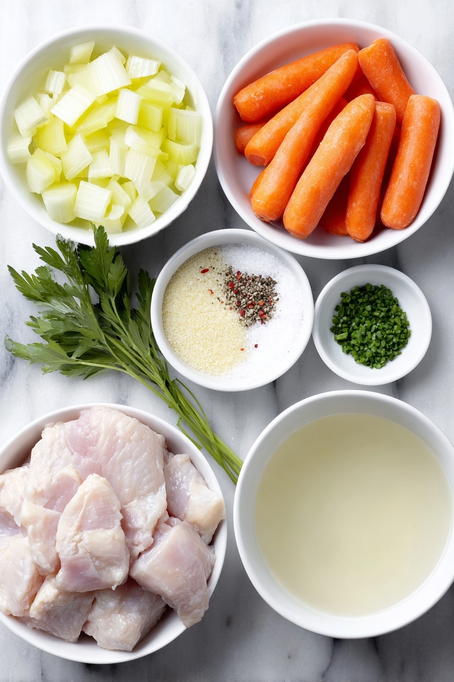 Flat lay of a small mound of golden solidified chicken fat, a peeled and chopped yellow onion, two bright orange carrots sliced into thin rounds, two celery stalks sliced similarly in pale green thin rounds, a small handful of fresh flat-leaf parsley leaves, a few chopped bright green chive pieces, a tiny pile of fine beige ground poultry seasoning, a pinch of crushed red pepper flakes with vibrant red flakes, a small white ceramic bowl filled with clear homemade chicken stock, a small white ceramic bowl containing coarse white salt, and another small white ceramic bowl with freshly ground black pepper, all arranged with perfect symmetry in a balanced composition placed on a clean white marble surface, soft natural light, photo taken with an iPhone, professional food photography style, fresh ingredients, white ceramic bowls, no bottles, no duplicates, no utensils, no packaging --ar 2:3 --v 7 --p m7354615311229779997 - Mom's Cold-Season Chicken Soup, winter chicken soup, comforting chicken broth, homemade chicken soup recipe, cozy chicken soup ideas