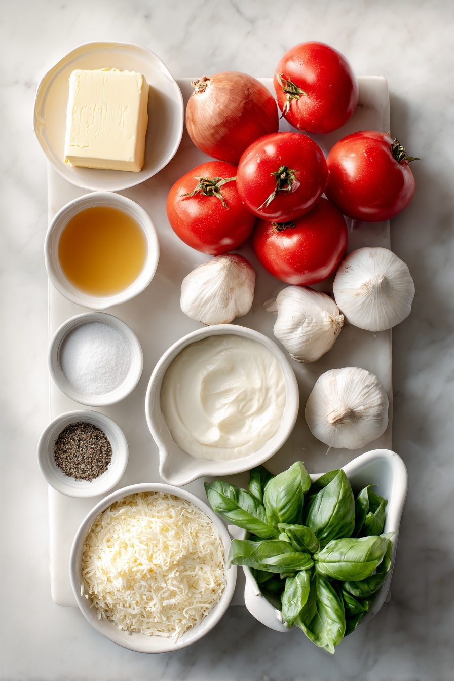 Flat lay of four tablespoons of unsalted butter, three whole yellow onions, three whole garlic bulbs with cloves, a large pile of crushed ripe red tomatoes with juice, a small white bowl of golden chicken stock, a small bunch of fresh green basil leaves, a small white bowl of white granulated sugar, a small white bowl of ground black pepper, a small white bowl of heavy cream, a small mound of freshly grated parmesan cheese, all arranged with perfect symmetry on a clean white marble surface, soft natural light, photo taken with an iPhone, professional food photography style, fresh ingredients, white ceramic bowls, no bottles, no duplicates, no utensils, no packaging --ar 2:3 --v 7 --p m7354615311229779997 - Creamy Tomato Soup with Basil, Tomato Basil Soup, Homemade Tomato Soup, Velvety Tomato Soup, Basil Infused Tomato Soup