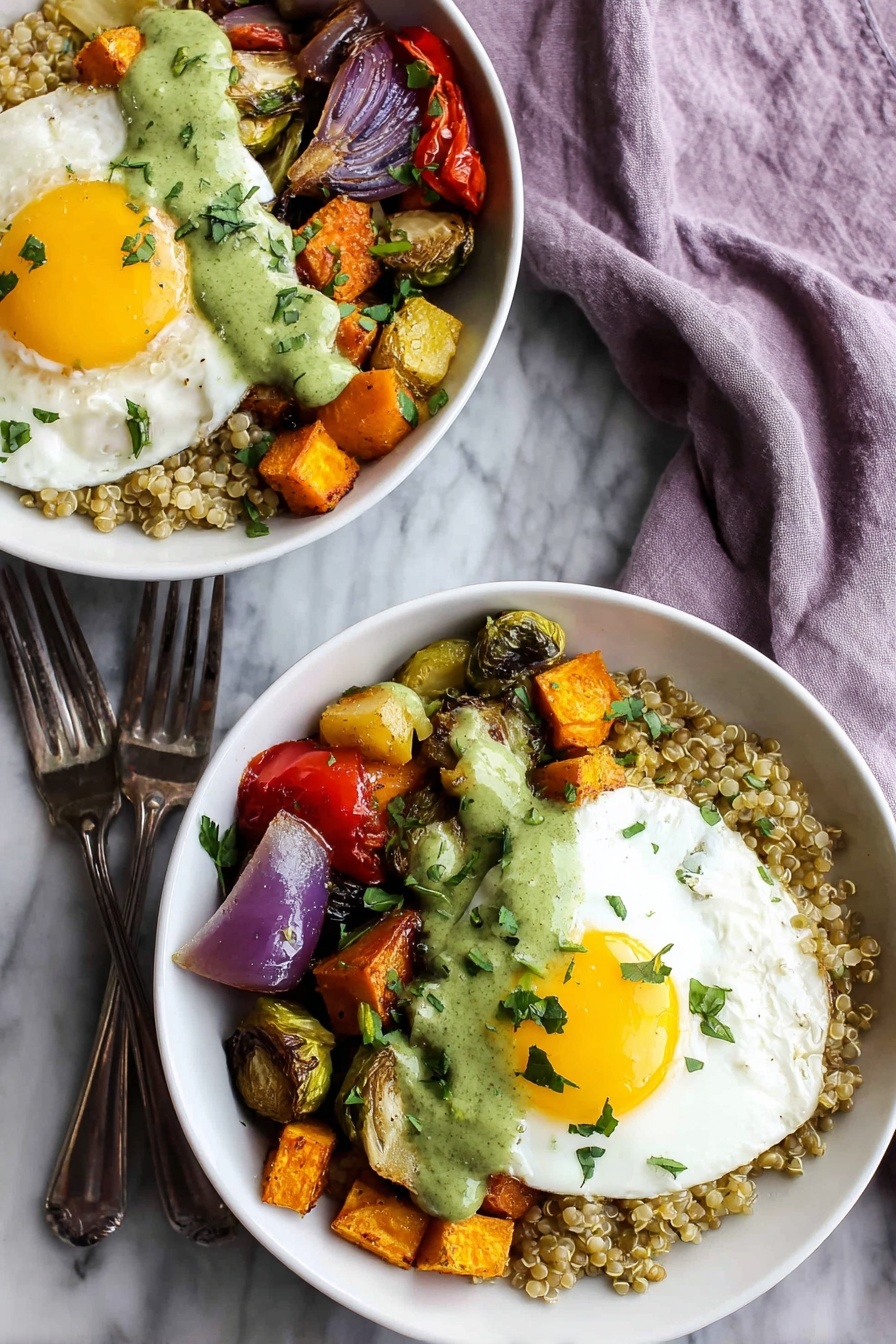A white bowl filled with three main layers: at the bottom left, there is a heap of light brown cooked grains with a soft texture; to the right side, there are golden-brown roasted vegetables including cubes of sweet potatoes, green Brussels sprouts, and pieces of red bell pepper, showing a slightly crispy surface; on top of these, a sunny-side-up fried egg with a bright yellow yolk and white edges drizzled with green herb sauce adds a fresh look. The dish is garnished with thinly sliced green herbs scattered over the egg and around the bowl. A woman's hand is holding the bowl against a white marbled surface background. Photo taken with an iphone --ar 2:3 --v 7 - Roasted Vegetable Farro Bowl with Egg, healthy roasted vegetable bowl, hearty vegetarian dinner, easy quick weeknight meal, nutritious grain bowl