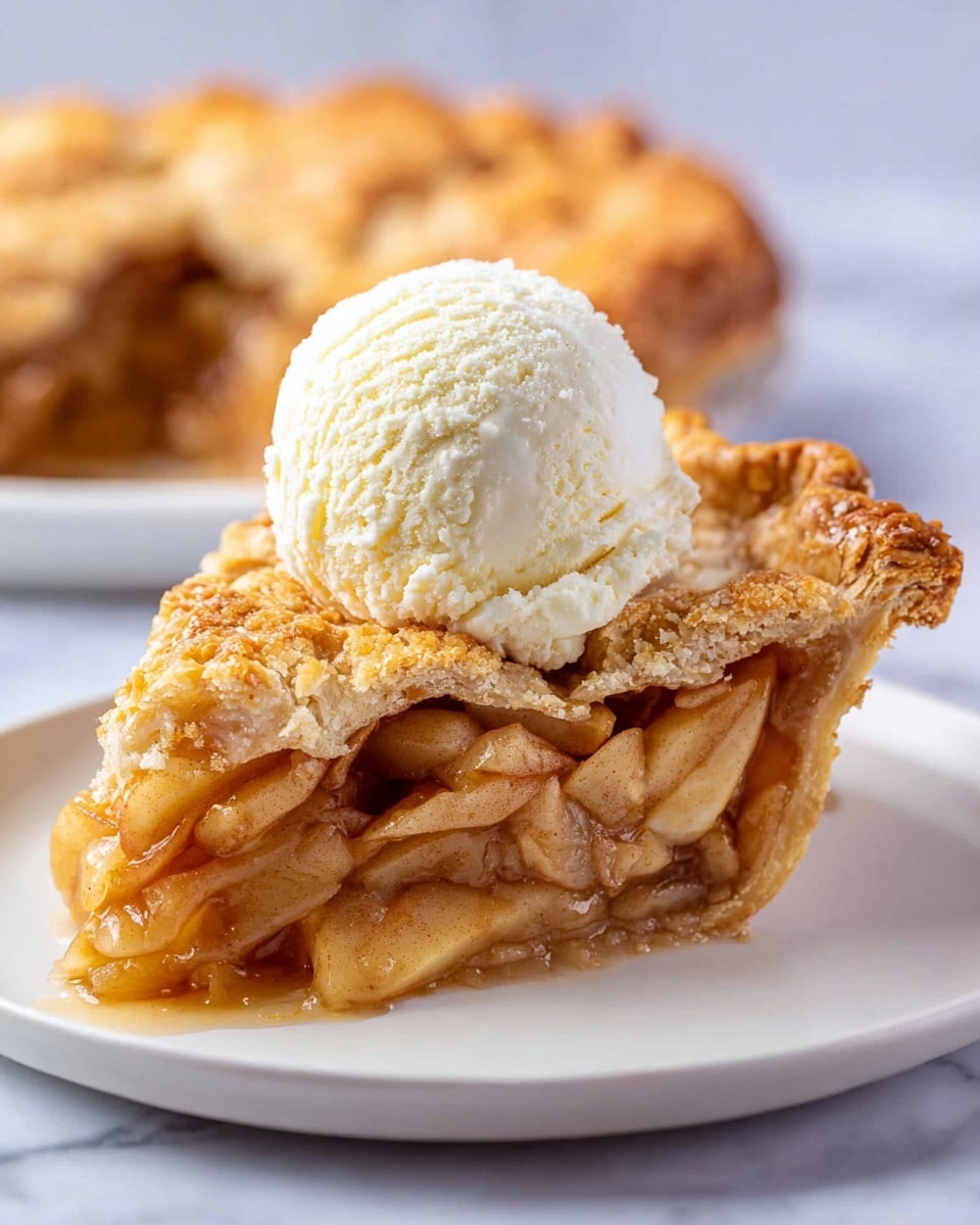 The image shows a single slice of apple pie on a white plate with a white marbled surface under it. The pie slice has three visible layers: a golden-brown flaky crust on top with a crimped edge, a thick middle layer of soft, cooked apple slices covered in a shiny, light brown syrup, and a golden crumbly crust at the bottom holding everything together. On top of the pie slice, there is a round scoop of creamy vanilla ice cream with a smooth texture beginning to melt slightly down the sides. In the background, a blurred pie is partially visible. Photo taken with an iphone --ar 4:5 --v 7