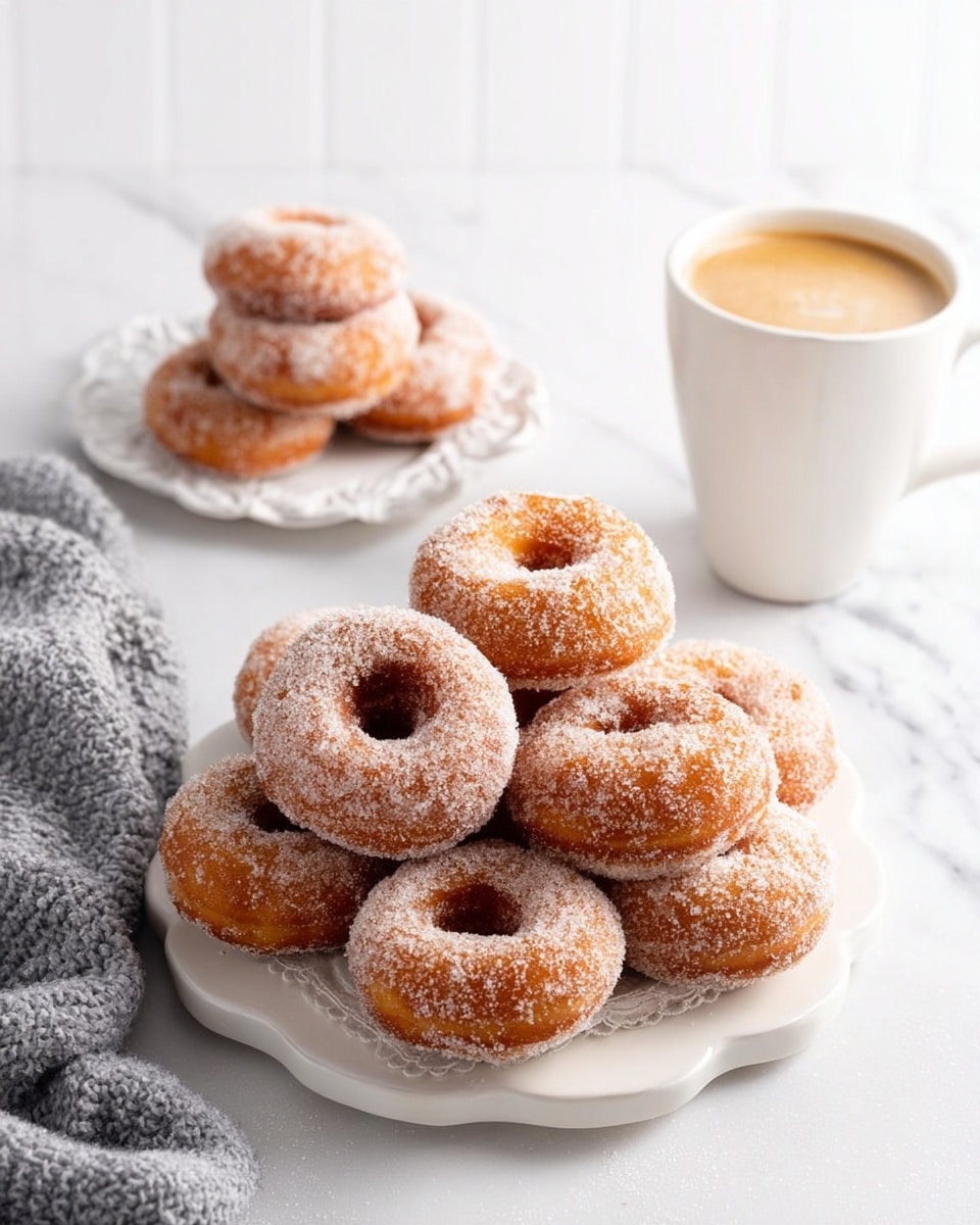 A white oval plate holds eight small round donuts stacked in two layers, with some donuts leaning on each other. The donuts are golden brown, covered with a light dusting of sugar that gives them a slightly rough texture. The plate is set on a white marbled surface, and part of a white cup is visible in the top right corner. The scene looks bright and inviting. Photo taken with an iphone --ar 4:5 --v 7