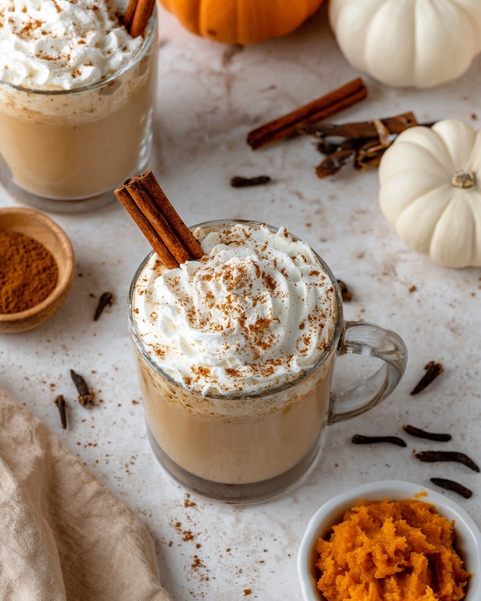 A clear glass mug filled with a creamy light brown drink sits on a white marbled surface. The drink has a thick layer of white whipped cream swirled on top, sprinkled with brown cinnamon powder, and two cinnamon sticks standing upright at the edge of the mug. Nearby, there is another similar mug filled with the same drink and whipped cream topping. Surrounding the mugs are various autumn-themed items including powdery orange pumpkin puree in a small white bowl, a scattering of dark cloves, cinnamon sticks, a white pumpkin, and a small wooden bowl filled with ground cinnamon. A beige cloth lies under some of the items. The overall colors are warm oranges, browns, and whites, creating a cozy feel. photo taken with an iphone --ar 4:5 --v 7