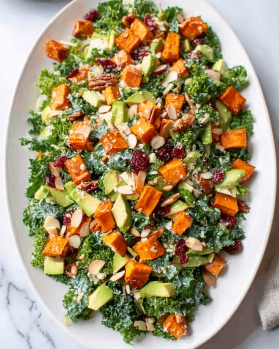 A white oval plate filled with a fresh salad on a white marbled surface. The salad has several layers: the base is dark green leafy kale, chopped finely, spread evenly. On top, there are chunks of bright orange roasted sweet potato scattered all over. Mixed in are small pieces of pale green avocado. There are tiny bits of red, likely dried cranberries, spread thinly. Sprinkled all over are small white pieces of cheese and slivered almonds adding texture. The colors show a mix of dark green, bright orange, light green, red, and white, creating a fresh and colorful look. Photo taken with an iphone --ar 4:5 --v 7