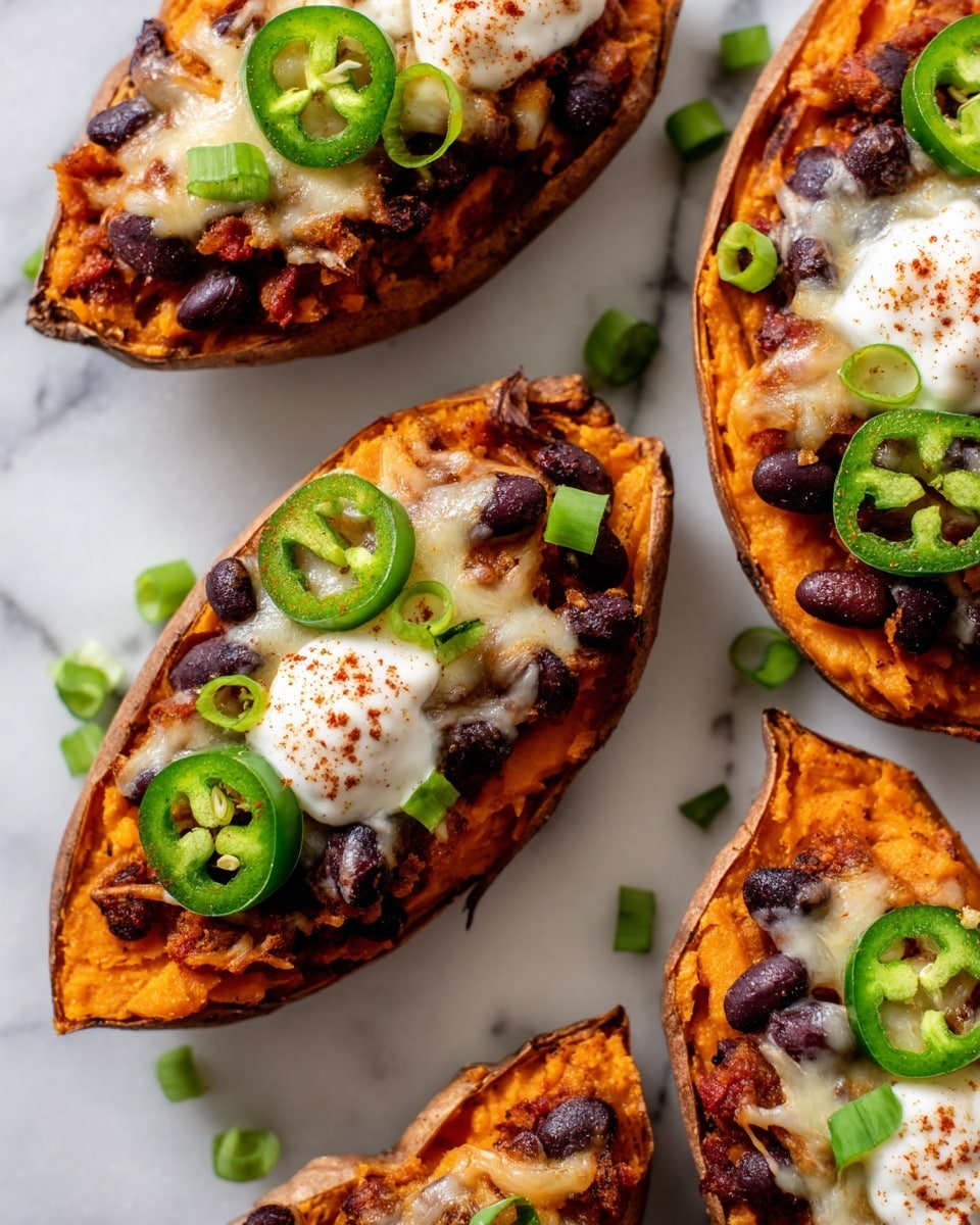 The image shows several roasted orange sweet potato halves placed on a white marbled surface. Each sweet potato half has three layers: the bottom layer is the roasted orange sweet potato skin and flesh, the middle layer contains melted light yellow cheese mixed with dark purple-black beans, and the top layer has a dollop of white creamy sauce sprinkled with light red spices, garnished with bright green sliced jalapeños and chopped green onions. Some slices of jalapeños and bits of green onions are scattered around the sweet potato halves. photo taken with an iphone --ar 4:5 --v 7