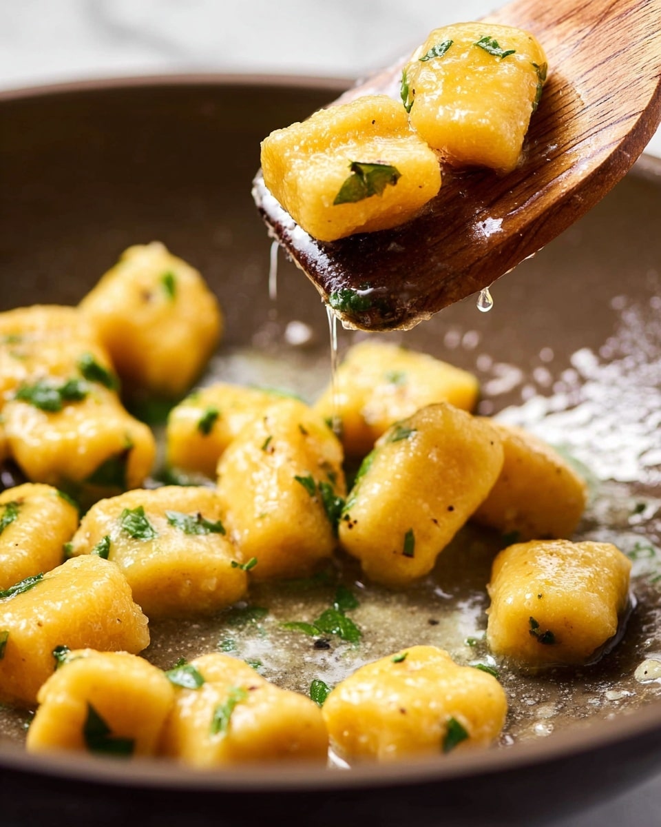 The image shows a close-up of small, soft, and plump yellow gnocchi pieces being cooked in a pan with a light buttery sauce. Each gnocchi piece has a smooth, slightly shiny texture with little green herb bits sprinkled on top, adding a touch of contrast. Some gnocchi are resting in the pan, and four pieces are lifted on a wooden spatula, with drops of sauce hanging from them. The scene has a warm, fresh, and appetizing feel with a white marbled texture as the background. photo taken with an iphone --ar 4:5 --v 7