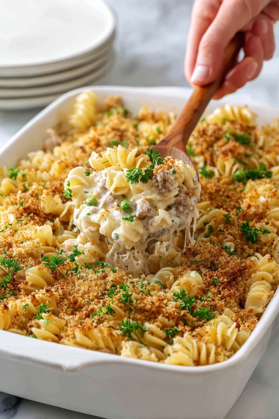 A white baking dish filled with a creamy pasta casserole made of curly pasta mixed with a white sauce, small pieces of light-colored meat, and green peas. The top layer is covered with a golden-brown crunchy breadcrumb topping, sprinkled with fresh green parsley pieces. At the front, a wooden spoon with a woman's hand holding it scoops out a portion, showing the creamy inside with visible pasta, meat, and peas. The dish sits on a white marbled surface with a stack of white plates blurred in the background. photo taken with an iphone --ar 2:3 --v 7 - Creamy Tuna Noodle Casserole, easy tuna casserole, comforting family dinner, quick weeknight dinner, tuna pasta bake