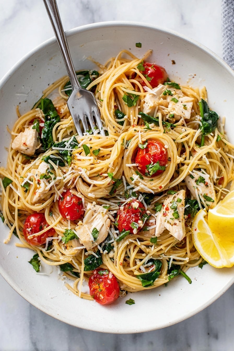 A light plate of spaghetti pasta forms the base with thin, yellowish strands twisted into small nests. Scattered on top are bright red halved cherry tomatoes and chunks of white cooked chicken. Dark green spinach leaves add color contrast, mixed evenly throughout the spaghetti. A sprinkle of grated cheese and bits of chopped green herbs cover the dish lightly. A silver fork rests on the left side, slightly buried in the pasta, with its handle stretching outwards. A lemon wedge sits on the right edge of the white plate, which is placed on a white marbled surface. Photo taken with an iphone --ar 2:3 --v 7 - Creamy Chicken Scampi with Angel Hair Pasta and Cherry Tomatoes, chicken scampi with angel hair pasta, easy chicken pasta dinner, flavorful chicken pasta recipe, quick creamy chicken pasta