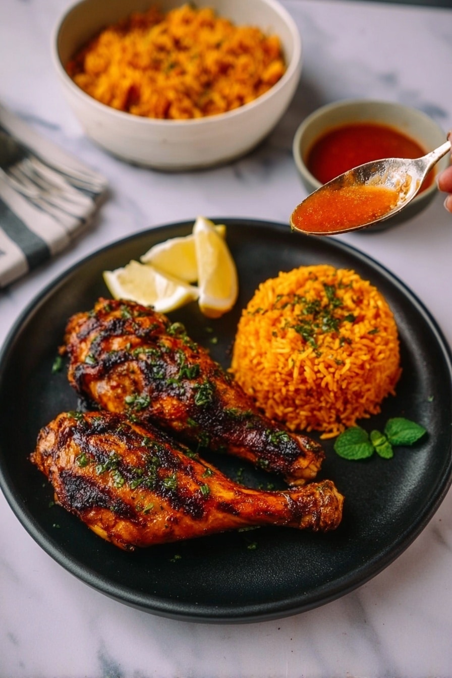 A black plate holds two grilled chicken legs with a dark orange and slightly charred skin, topped with herbs. Next to the chicken legs is a round mound of bright orange rice, garnished with green herbs, and two lemon wedges placed beside the rice. A small green herb leaf is near the rice. To the top left of the plate, there is a white bowl with more orange rice and a white bowl with red sauce positioned on a white marbled surface. A woman’s hand is seen holding a spoon, lifting some rice from the bowl. Photo taken with an iphone --ar 2:3 --v 7 - Authentic Tandoori Chicken, Tandoori Chicken recipe, Indian tandoori chicken, spicy tandoori chicken, homemade tandoori chicken