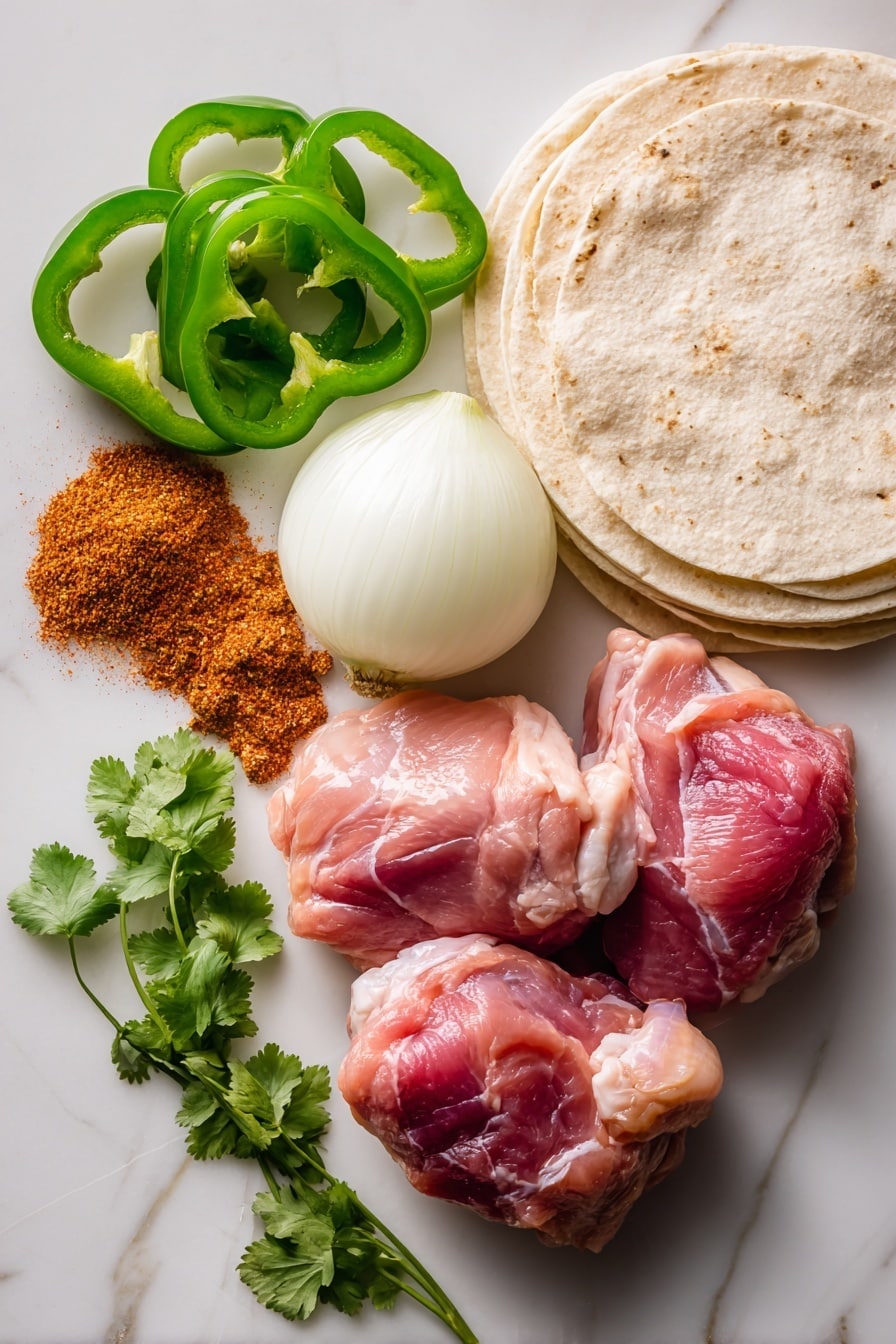 Flat lay of fresh, raw chicken thighs with a rich pink color and marbled fat, vibrant green bell pepper slices showing glossy, smooth skin, thick wedges of crisp white onion with layered texture, a small heap of colorful fajita seasoning powder in warm reds and browns, and soft, uncooked flour tortillas stacked with their pale beige tones and slightly rough edges, all arranged naturally with a few scattered sprigs of fresh cilantro adding bright green leaves and delicate texture, placed on white marbled surface, photo taken with an iphone --ar 2:3 --v 7 - Chicken Fajita Tacos, fajita tacos recipe, easy chicken fajita tacos, quick fajita tacos, spicy chicken tacos
