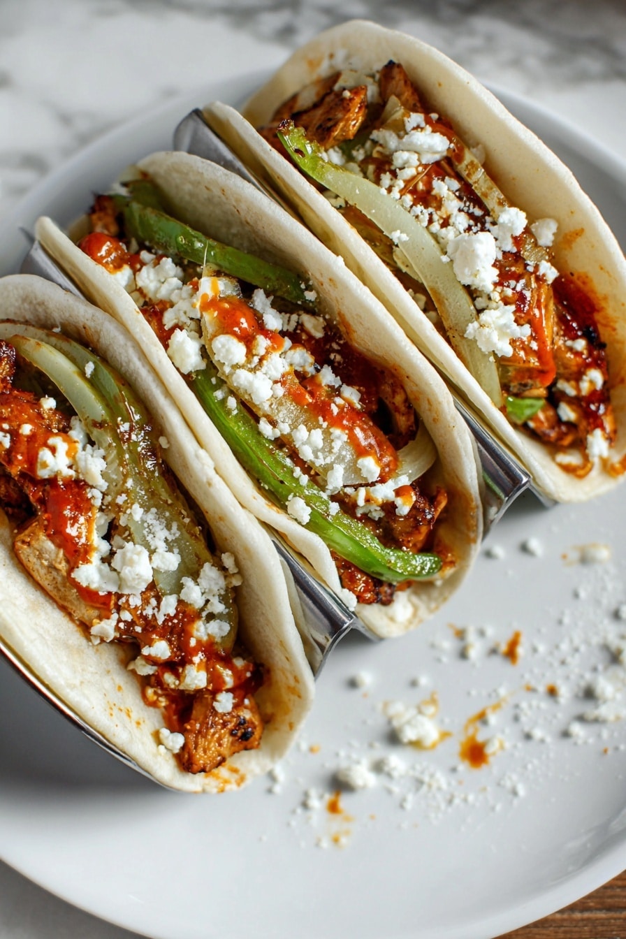 Three soft, white tortillas hold a filling of browned chicken pieces on the bottom, topped with cooked green bell pepper strips and translucent cooked onion slices. A reddish-orange sauce is drizzled over the vegetables, and crumbled white cheese is sprinkled on top. The tacos rest in a metal taco holder, placed on a white plate with some sauce and cheese crumbs around. The plate is set on a white marbled surface. Photo taken with an iphone --ar 2:3 --v 7 - Chicken Fajita Tacos, fajita tacos recipe, easy chicken fajita tacos, quick fajita tacos, spicy chicken tacos