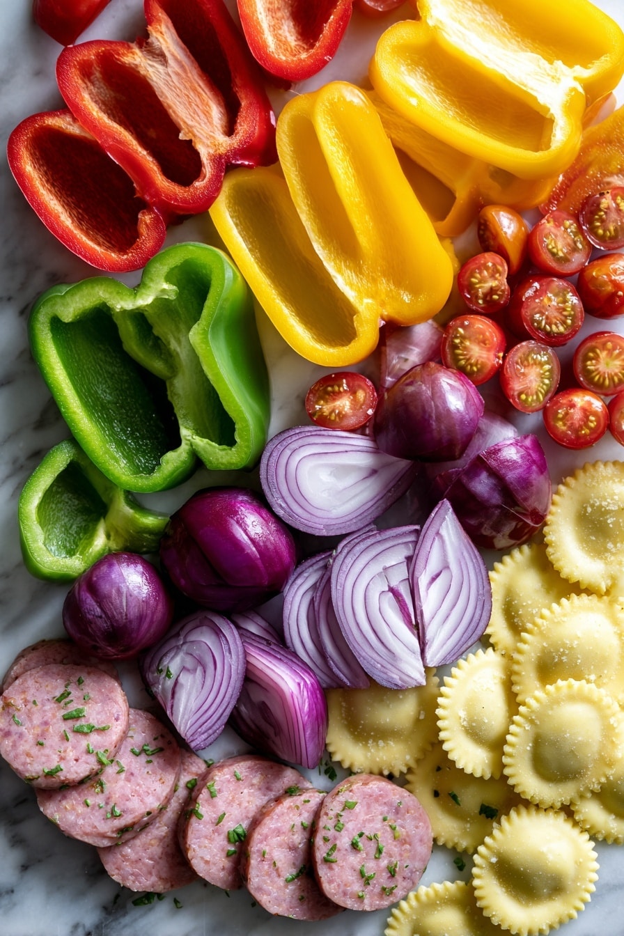 Flat lay of vibrant red, green, and yellow bell peppers cut into large chunks, deep purple-red small onions halved to show their layers, plump shiny red grape tomatoes sliced in halves, slices of pale pink Italian-style chicken sausage with flecks of cheese and herbs, and a handful of round, golden cheese ravioli with delicate ridges visible on their edges, all arranged naturally with a mix of smooth, glossy, and textured surfaces, placed on white marbled surface, photo taken with an iphone --ar 2:3 --v 7 - Lightning-Fast Cheesy Three-Pepper Ravioli with Italian Sausage, quick and easy ravioli dinner, colorful Italian sausage skillet, 20-minute pasta recipe, savory pepper pasta