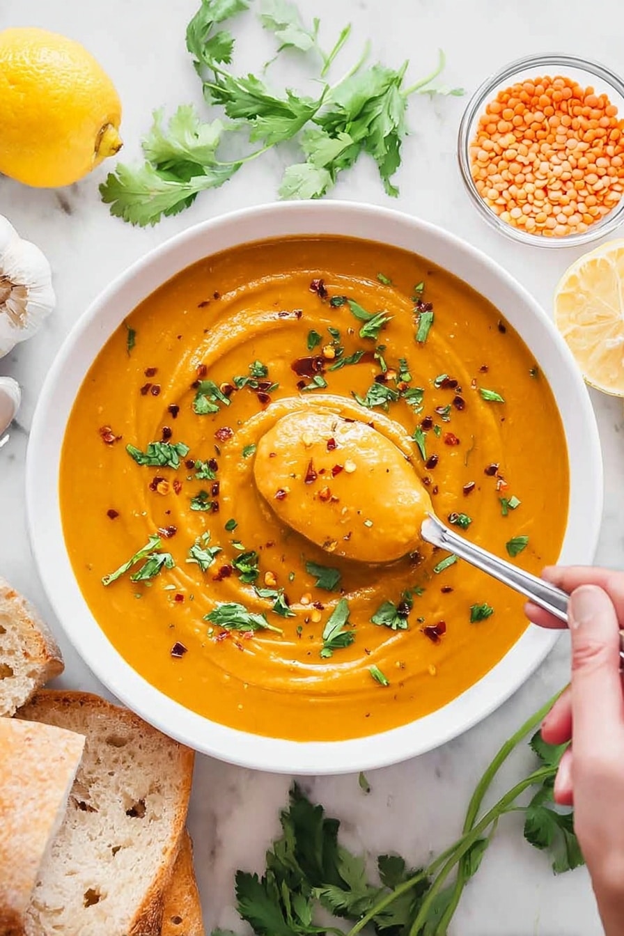 A large blue cooking pot filled with a smooth, thick orange soup covering the entire pot. A woman's hand holds a wooden spoon, stirring the soup which has a creamy texture with small bubbles on the surface. The pot is on a black cooktop set on a white marbled countertop. To the top right, there is a white bowl filled with orange lentils, and to the left, a striped cloth with two garlic bulbs and two garlic cloves resting on it. Photo taken with an iphone --ar 2:3 --v 7 - Creamy Red Lentil Soup, Red Lentil Soup, One-Pot Lentil Soup, High-Protein Lentil Soup, Easy Lentil Soup