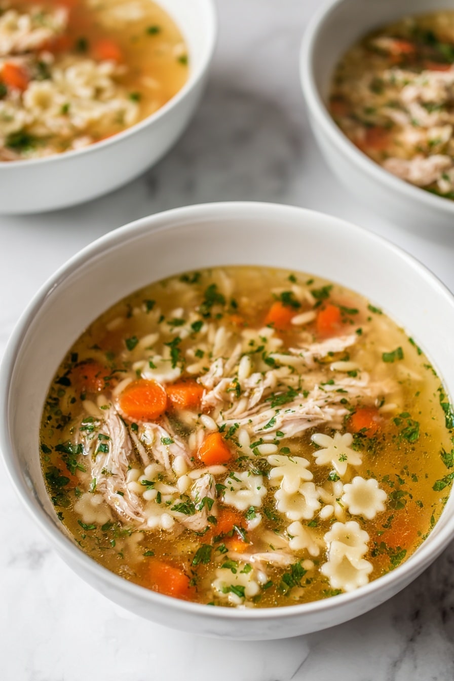 A white bowl filled with a warm soup showing three clear layers: a top layer with small chunks of orange carrots and bits of green parsley floating in a light, golden broth; a middle layer of soft white rice grains mixed with tender, light brown shredded chicken pieces; and a bottom thin layer of broth collecting at the base. The bowl sits on a white marbled surface, and in the background, another white bowl with the same soup is slightly out of focus, along with a metallic grater resting on the surface. photo taken with an iphone --ar 2:3 --v 7 - Parmesan Chicken Pastina Soup, comforting chicken pasta soup, homemade parmesan broth soup, easy chicken pastina recipe, lemon-infused pasta soup