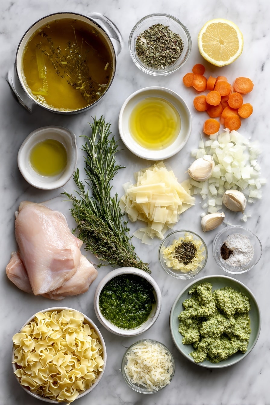 Flat lay of a small bowl of extra virgin olive oil and salted butter, one chopped yellow onion, two sliced shallots, six garlic cloves, four ribs of chopped celery, six chopped carrots, a small pile of fresh thyme leaves, a tablespoon of chopped fresh rosemary, a teaspoon of crushed fennel seeds, a large pot of chicken bone broth, two boneless chicken breasts, a small bowl of chopped broccoli florets, a small bowl of basil pesto, a handful of chopped baby spinach, a lemon wedge with juice dripping, a small heap of egg noodles, a small bowl of chopped parsley, parmesan cheese wedges and fresh dill sprigs placed on a white marble surface, photo taken with an iphone --ar 2:3 --v 7 - Lemony Pesto Chicken Noodle Soup, lemon pesto chicken soup, easy comforting chicken noodle soup, healthy lemon herb chicken soup, flavorful chicken soup recipes
