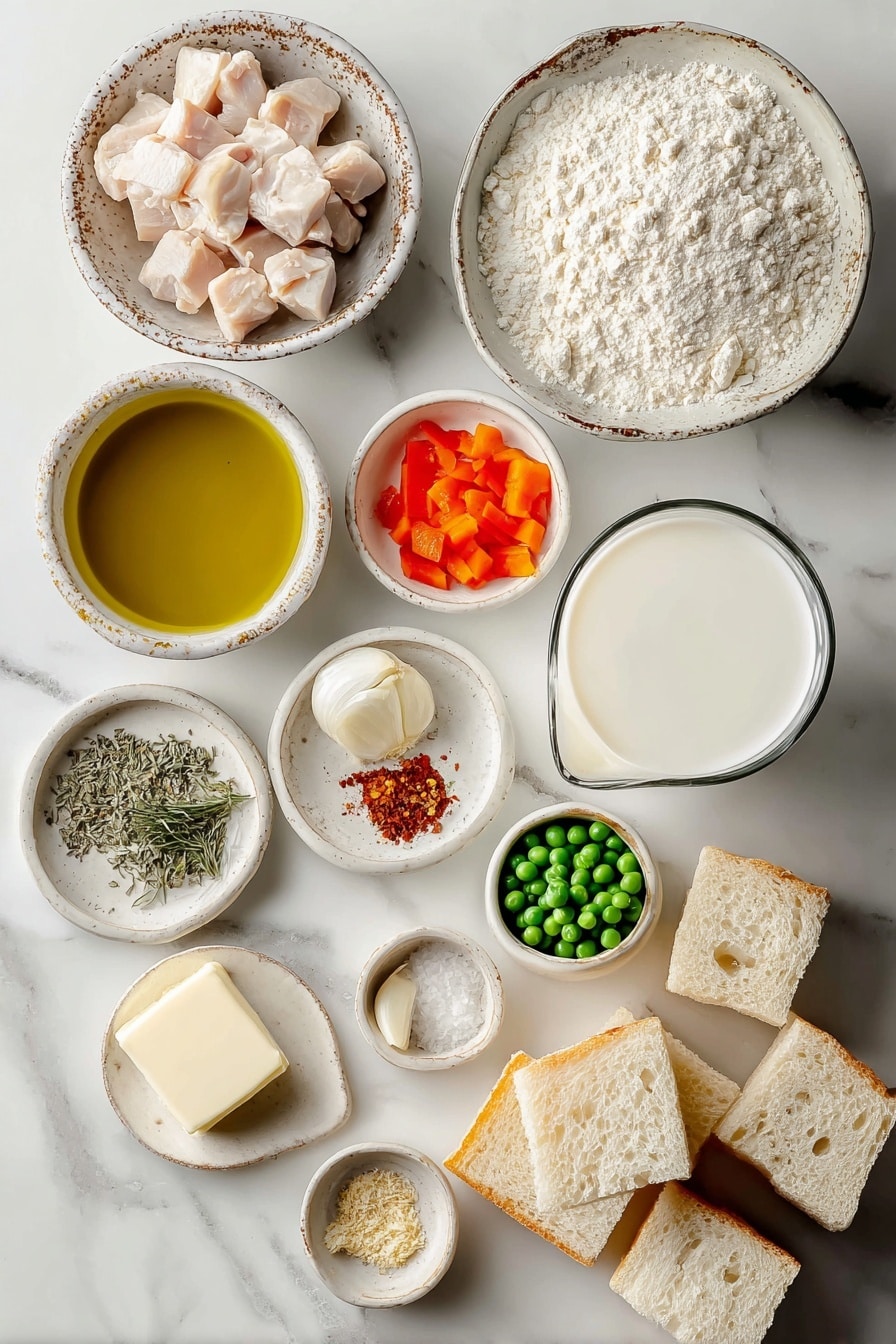 Flat lay of a small bowl of olive oil, a generous pat of unsalted butter, a small heap of flour, one minced garlic clove, half a small brown onion finely chopped, a small diced carrot, half a finely chopped red bell pepper, a small diced celery stick, a rustic bowl of chicken stock, a large glass of milk, a few scattered dried herbs and spices in small dishes, a handful of frozen peas, a cup of cooked diced chicken, and two slices of white bread cut into cubes, all placed on a white marble surface, photo taken with an iphone --ar 2:3 --v 7 - Homemade Cream of Chicken Soup, homemade chicken soup, easy cream of chicken, homemade soup recipes, comforting chicken soup