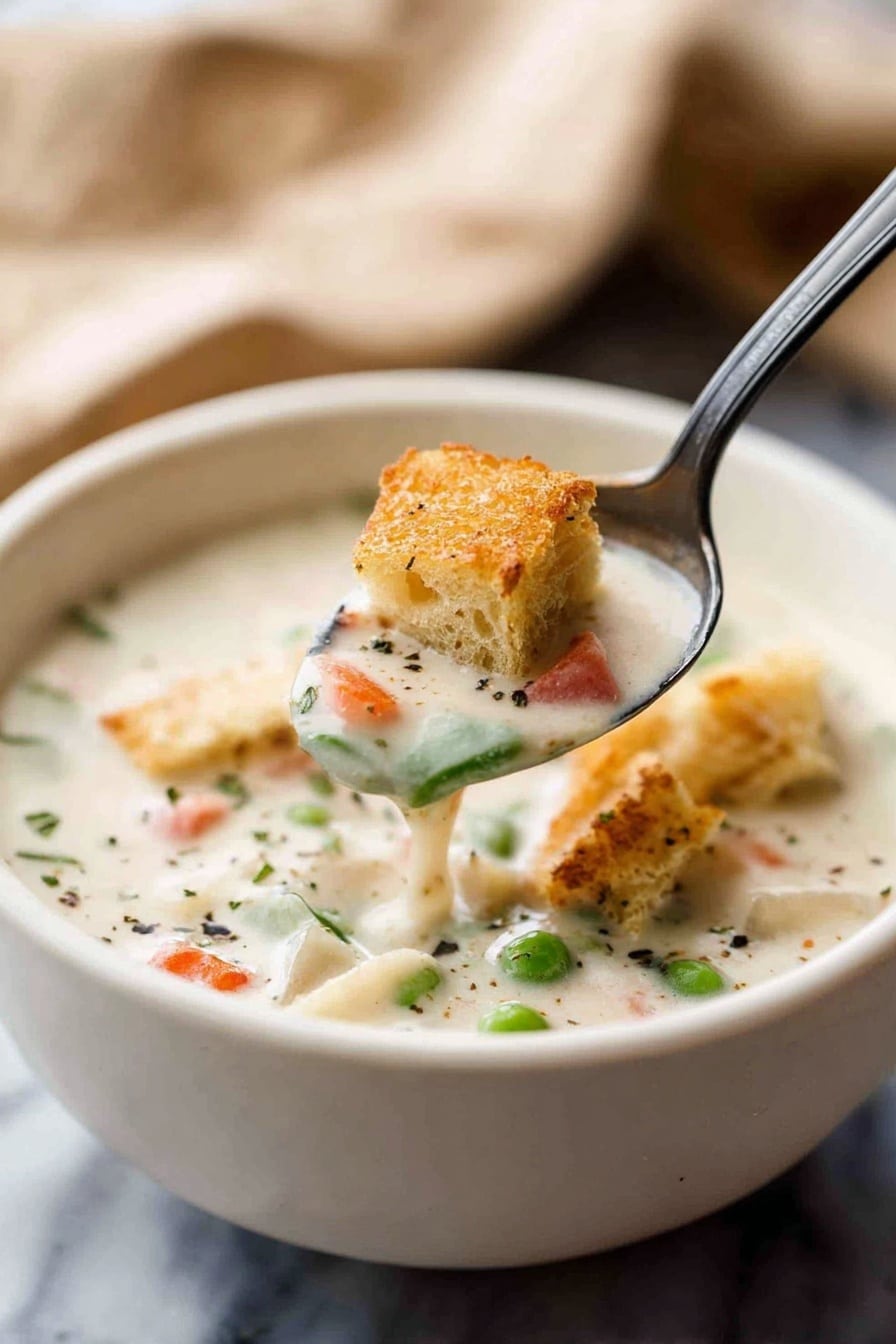 A bowl of creamy white soup fills a white bowl with a smooth texture. On top, there are small green peas and chunks of soft white meat mixed into the soup. Bright orange and red vegetable pieces add color, scattered among fresh green herbs. Golden brown croutons rest on the surface, giving a crispy contrast. The white bowl sits on a white marbled surface. Photo taken with an iphone --ar 2:3 --v 7 - Homemade Cream of Chicken Soup, homemade chicken soup, easy cream of chicken, homemade soup recipes, comforting chicken soup