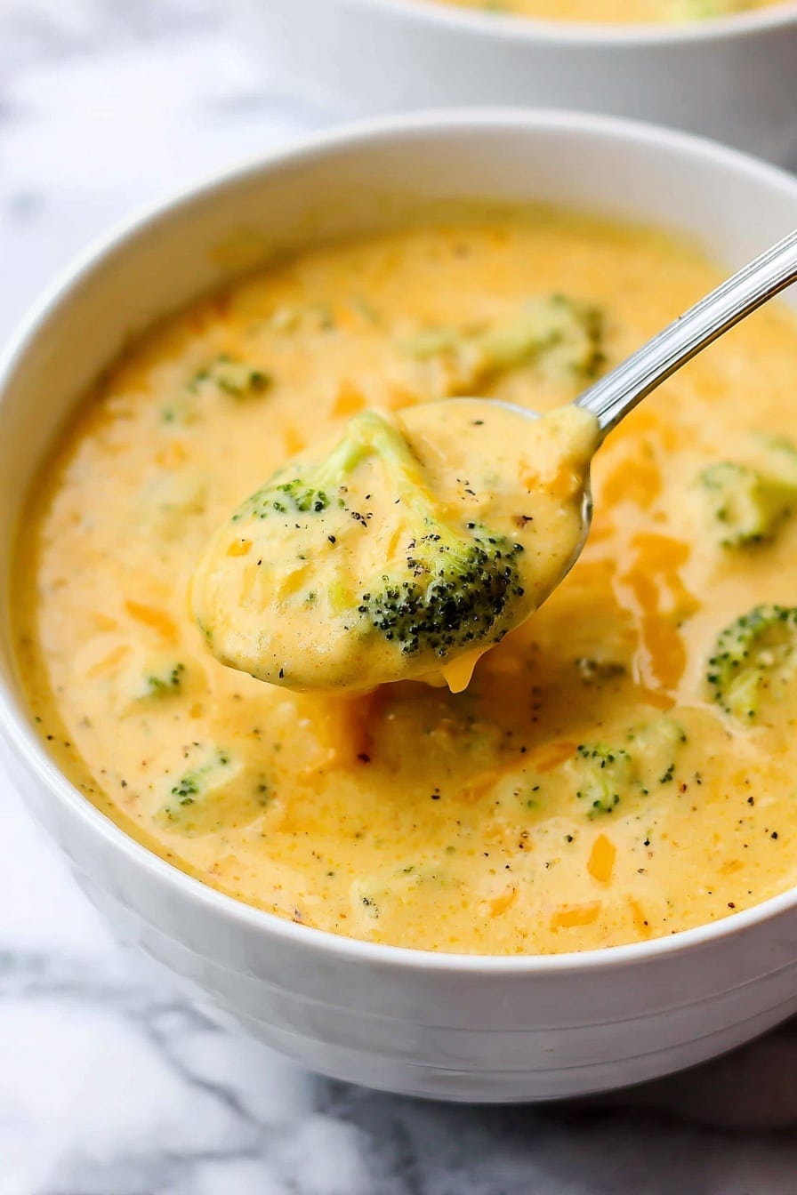 A white bowl filled with creamy yellow broccoli cheese soup sits on a white plate over a white marbled surface. The soup has small green broccoli florets and shredded orange cheese mixed in, with a smooth but thick texture. There is a silver spoon with an ornate handle resting inside the bowl on the right side, partially submerged in the soup. Light black pepper sprinkles are scattered on top, adding small dark spots. The image has soft natural lighting, highlighting the warm and comforting feel of the dish. Photo taken with an iphone --ar 2:3 --v 7 - Vegan Broccoli Cheddar Soup, dairy-free broccoli cheese soup, vegan creamy vegetable soup, plant-based broccoli cheddar, easy vegan soup recipes